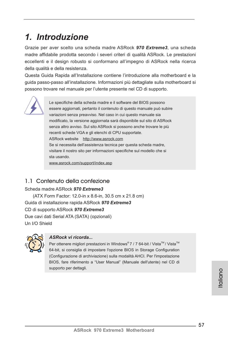 Italian, Introduzione, Italiano | 1 contenuto della confezione | ASRock 970 Extreme3 User Manual | Page 57 / 176