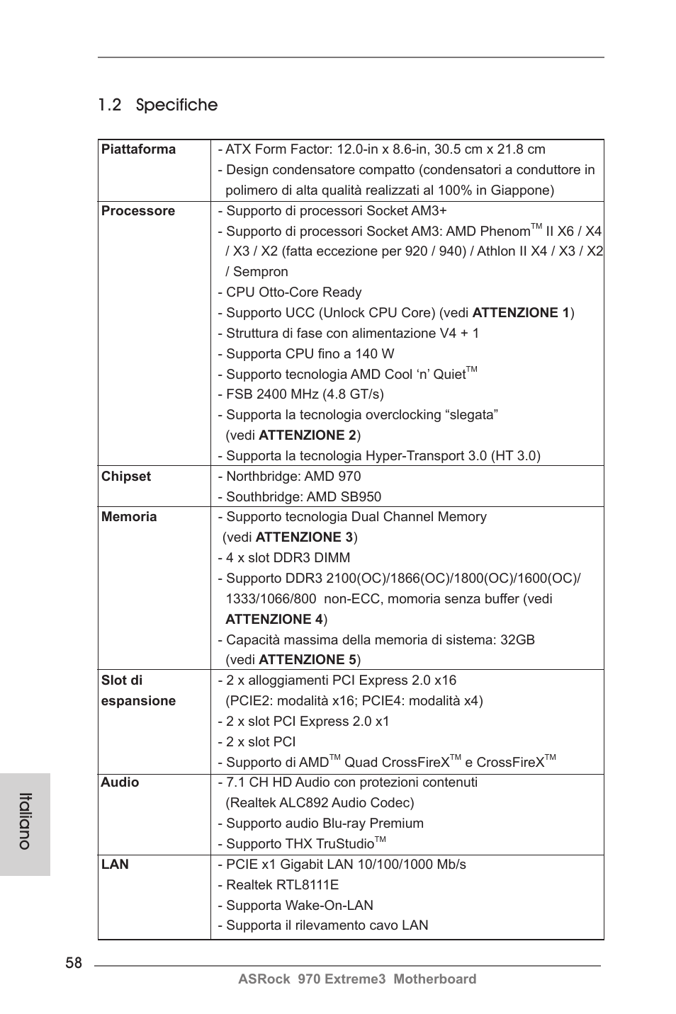 2 specifiche, Italiano | ASRock 970 Extreme3 User Manual | Page 58 / 176