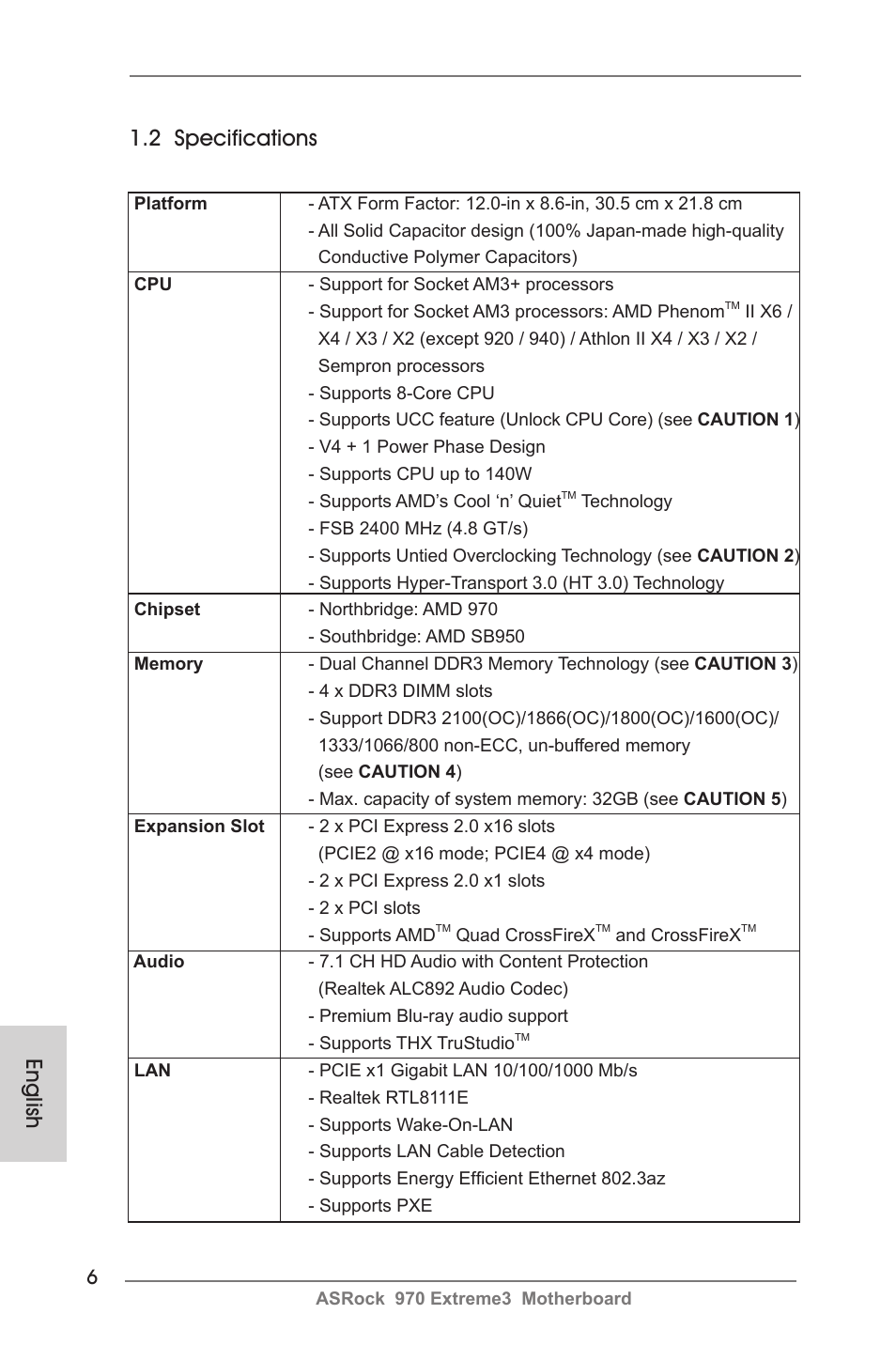 English 1.2 specifications | ASRock 970 Extreme3 User Manual | Page 6 / 176