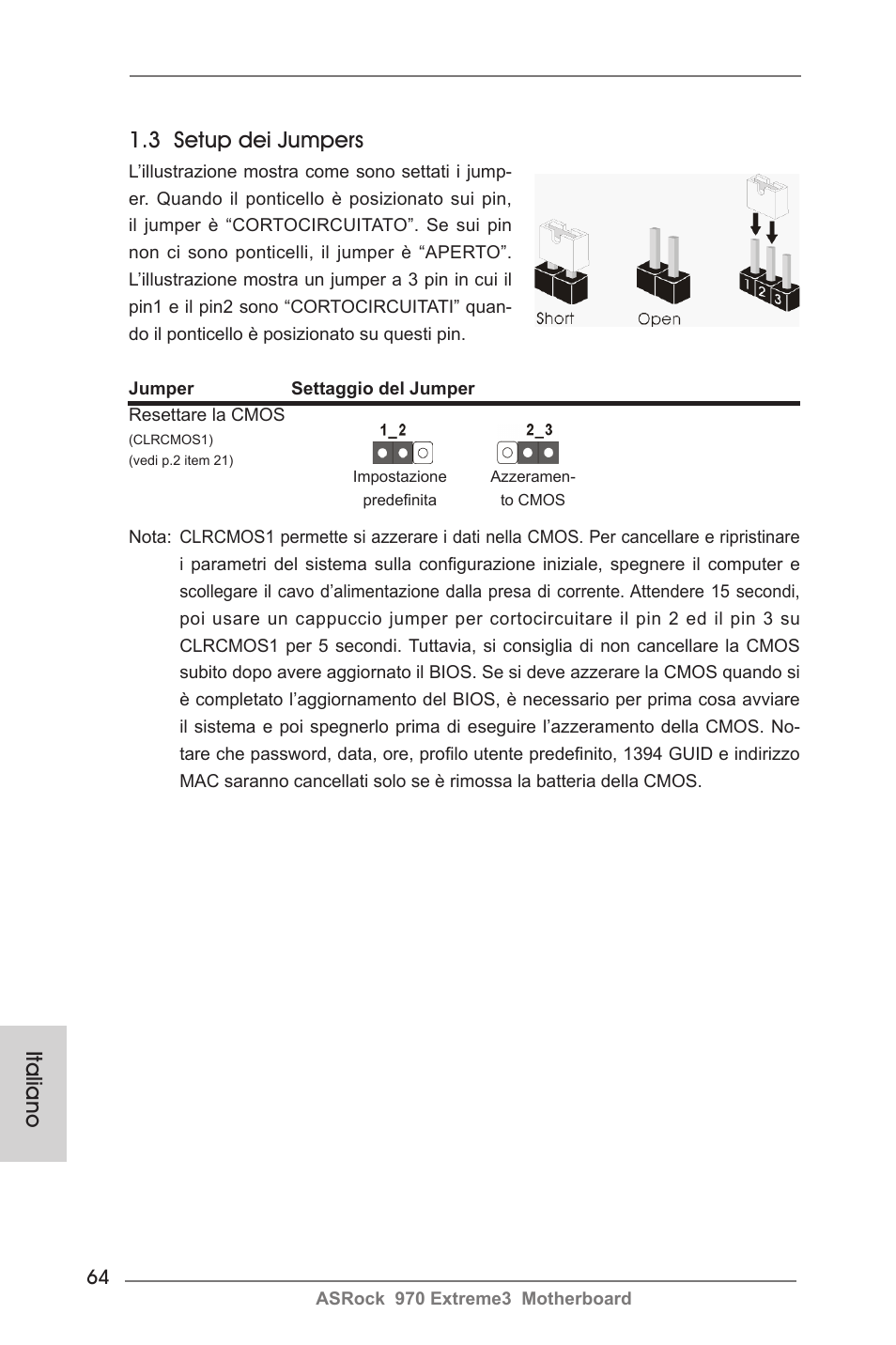 3 setup dei jumpers, Italiano | ASRock 970 Extreme3 User Manual | Page 64 / 176