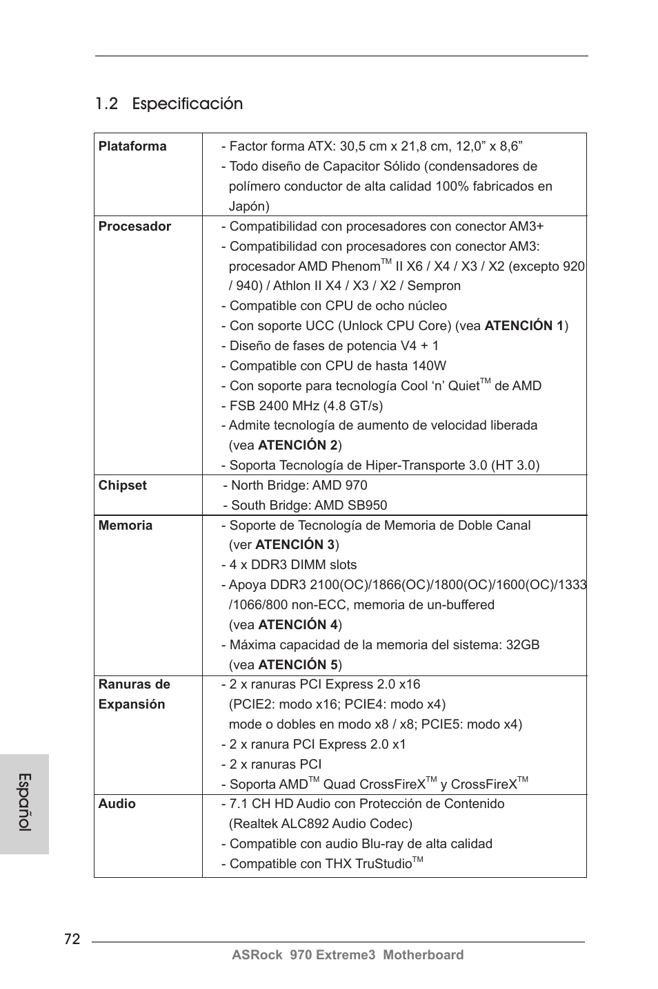 2 especificación, Español | ASRock 970 Extreme3 User Manual | Page 72 / 176