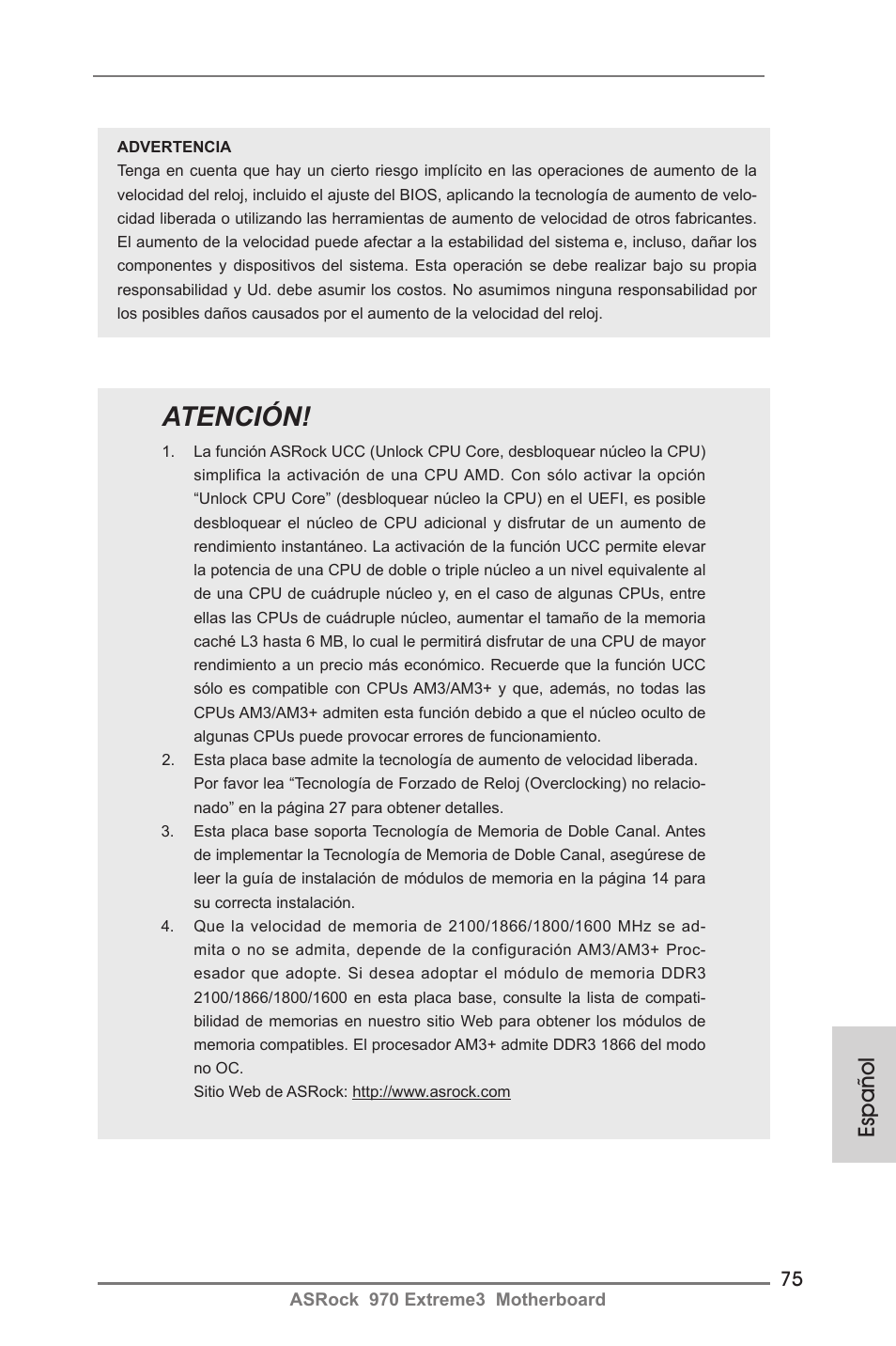 Atención, Español | ASRock 970 Extreme3 User Manual | Page 75 / 176