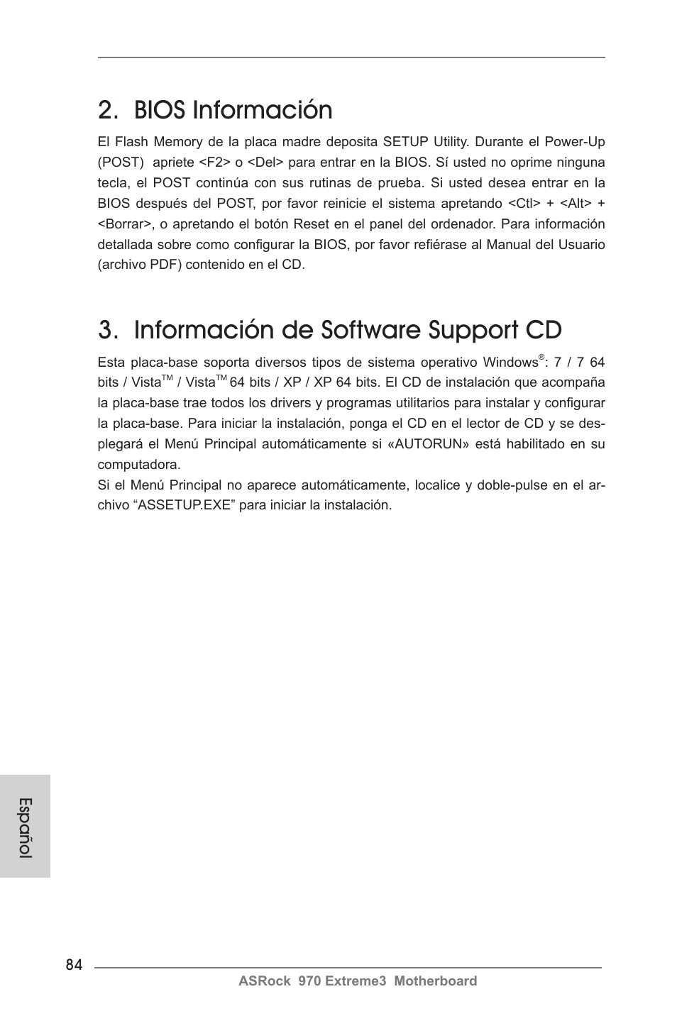 Bios información, Información de software support cd, Español | ASRock 970 Extreme3 User Manual | Page 84 / 176