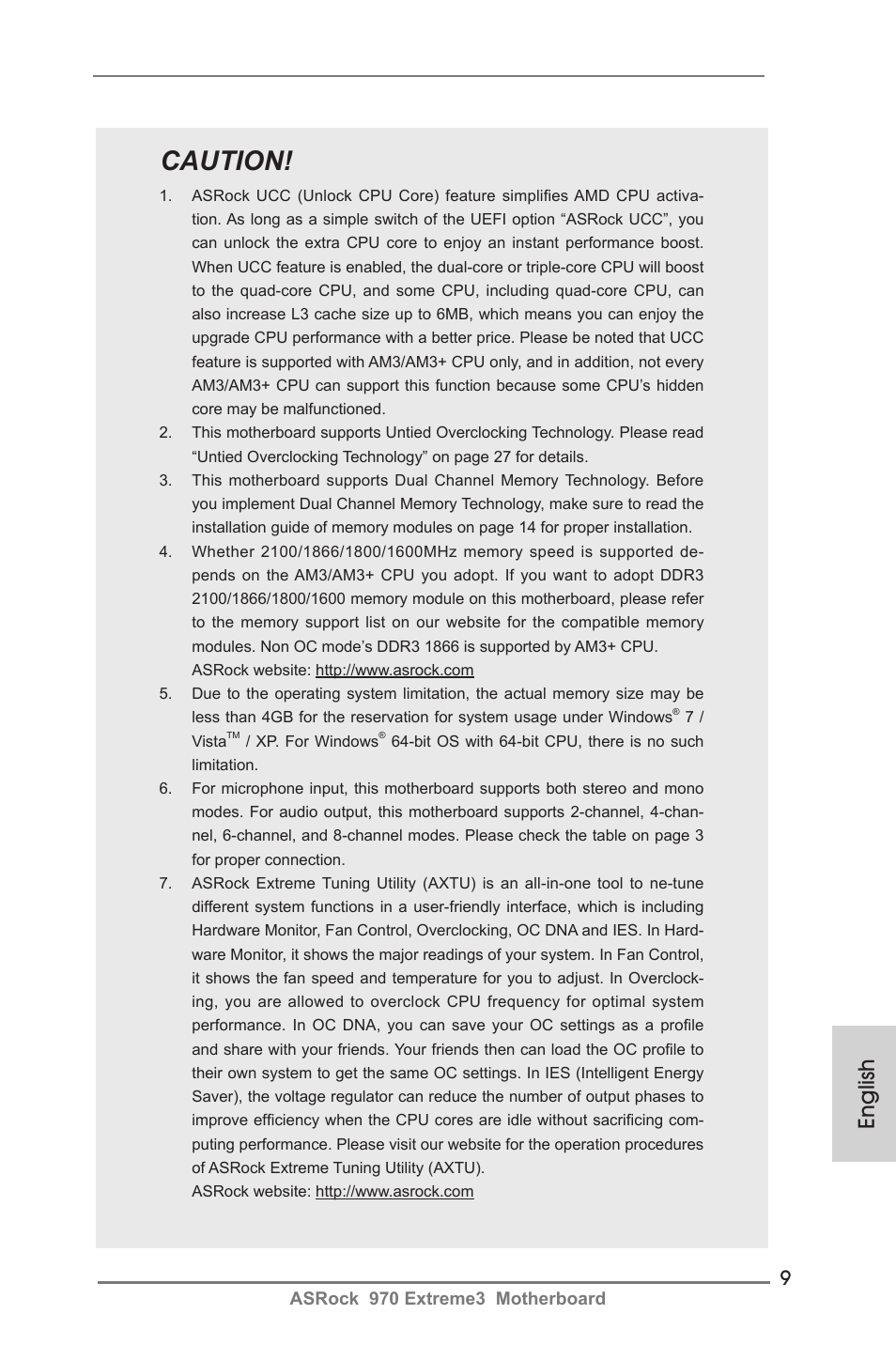 Caution, English | ASRock 970 Extreme3 User Manual | Page 9 / 176