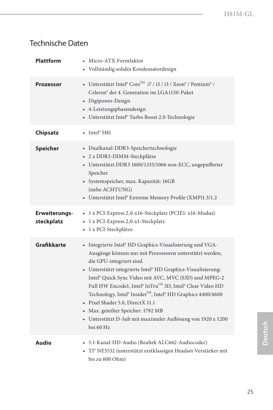 German, Technische daten, H81m-gl | Deutsch | ASRock H81M-GL User Manual | Page 27 / 77