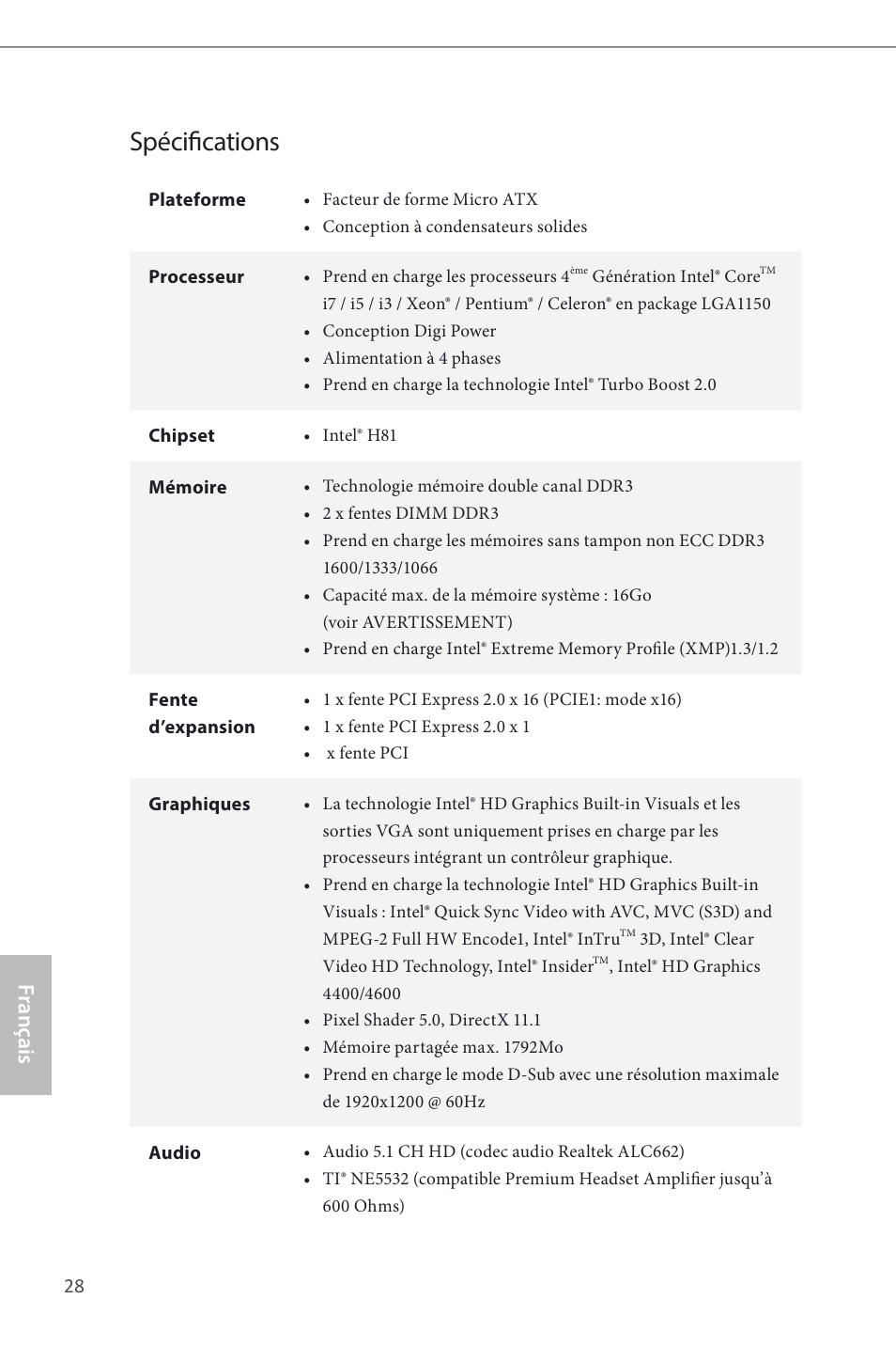 French, Spécifications, Français | ASRock H81M-GL User Manual | Page 30 / 77