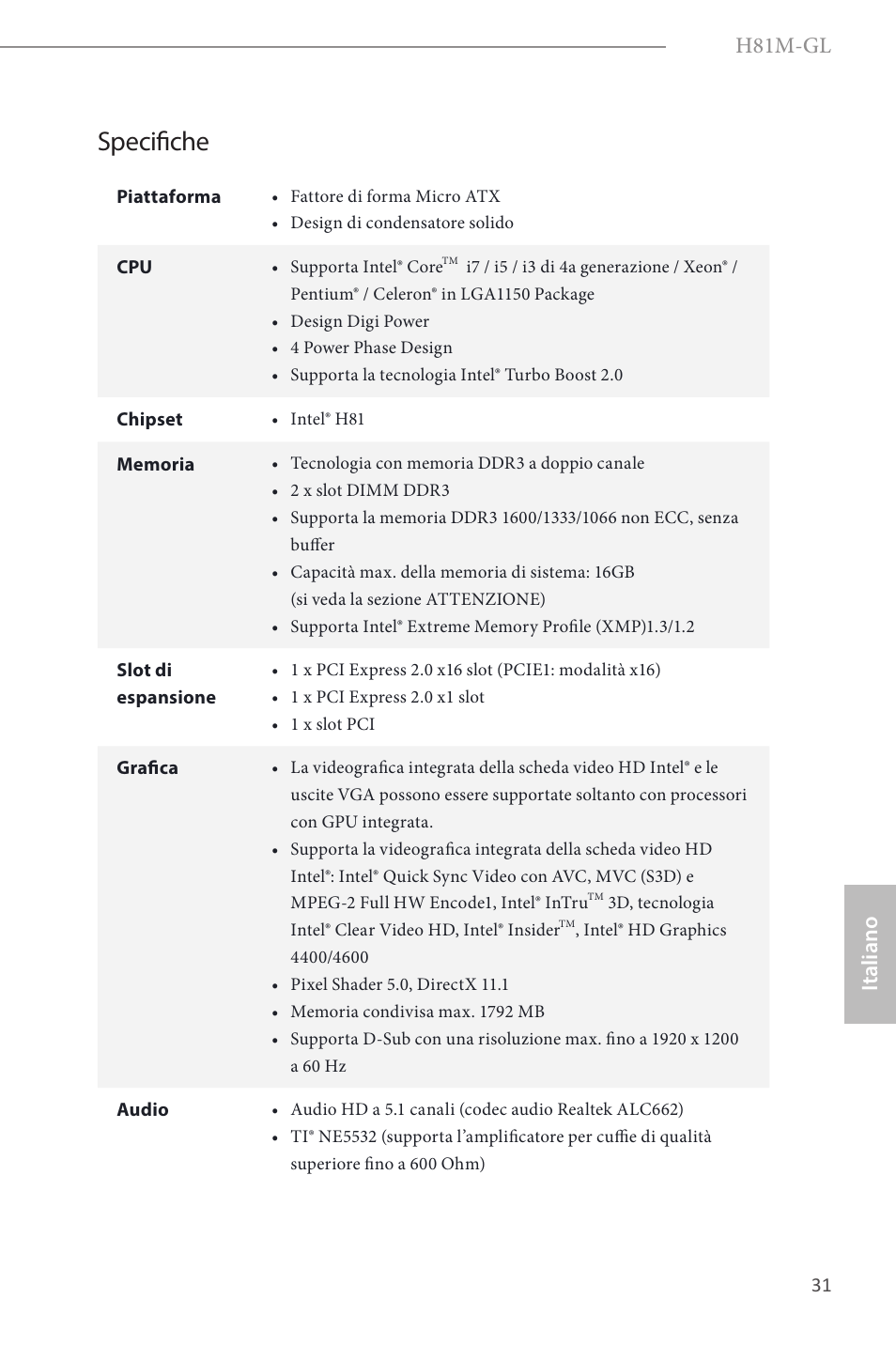 Italian, Specifiche, H81m-gl | Italiano | ASRock H81M-GL User Manual | Page 33 / 77
