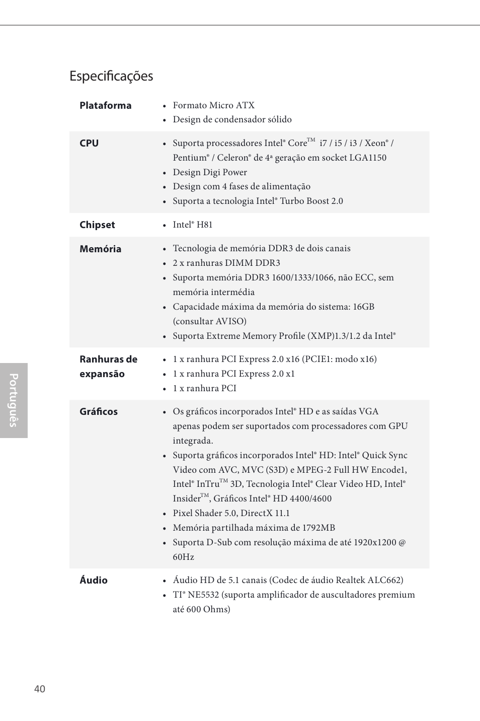 Portuguese, Especificações, Por tuguês | ASRock H81M-GL User Manual | Page 42 / 77