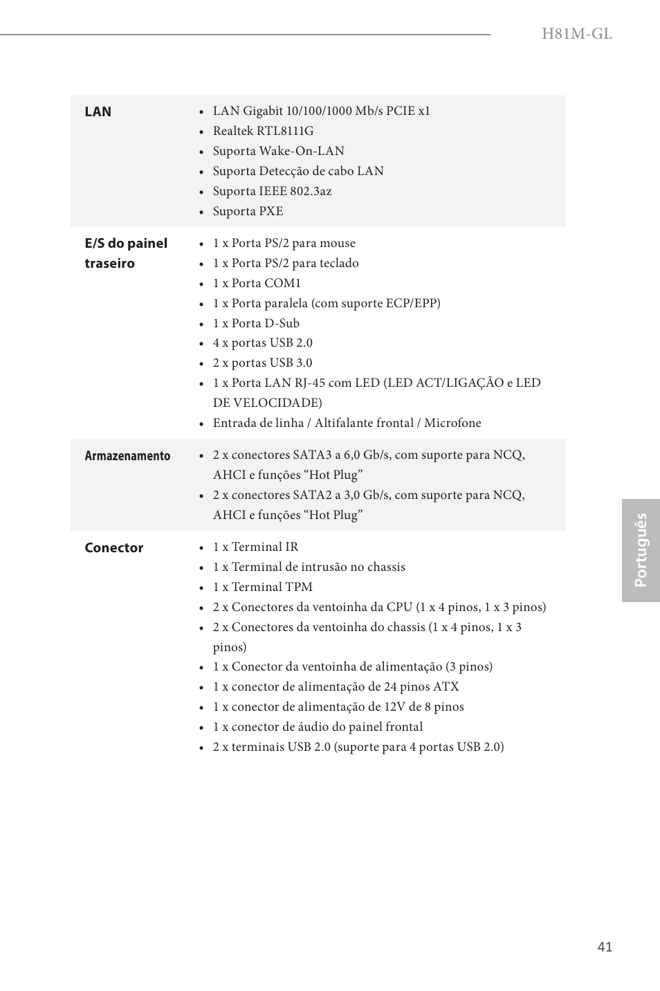 H81m-gl, Por tuguês | ASRock H81M-GL User Manual | Page 43 / 77