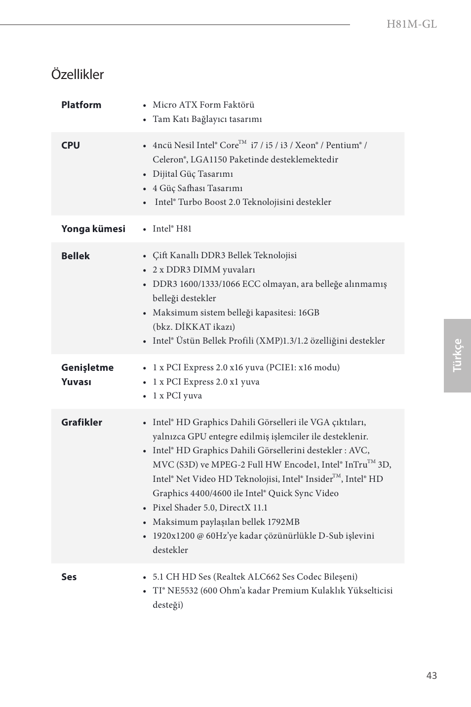 Turkish, Özellikler, H81m-gl | Türk çe | ASRock H81M-GL User Manual | Page 45 / 77