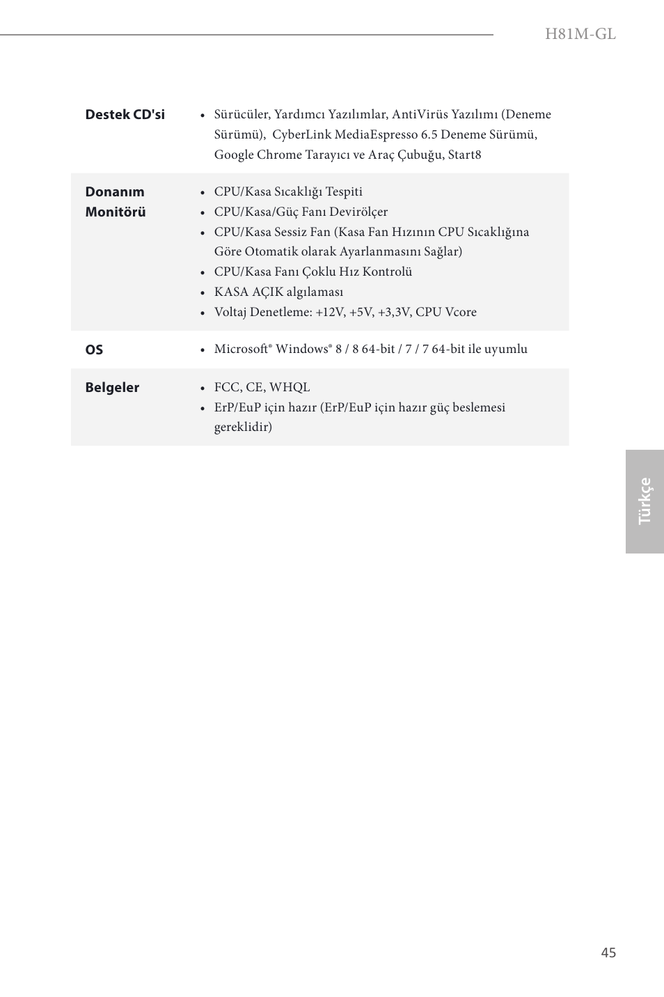H81m-gl, Türk çe | ASRock H81M-GL User Manual | Page 47 / 77