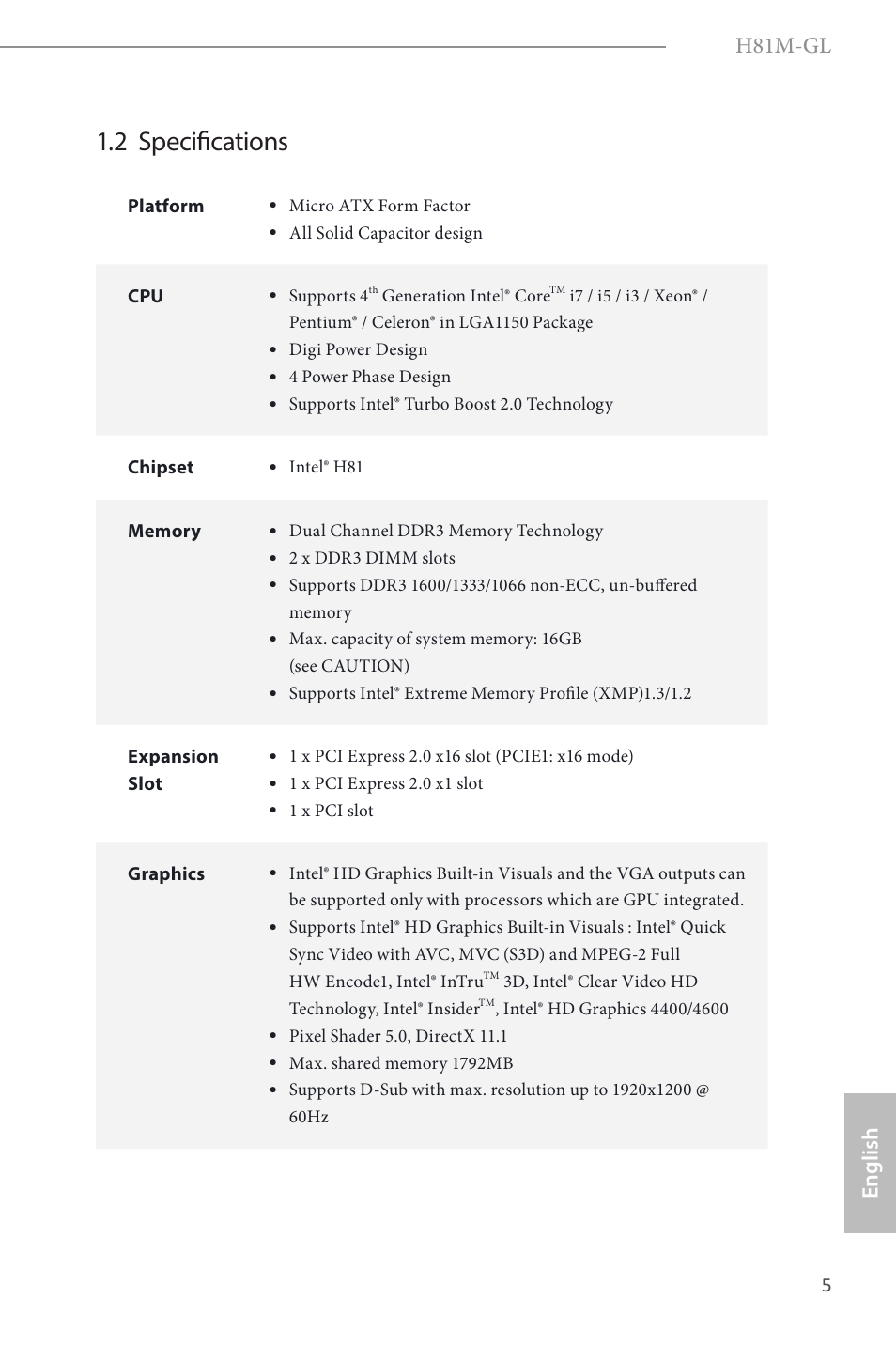 2 specifications, H81m-gl, English | ASRock H81M-GL User Manual | Page 7 / 77