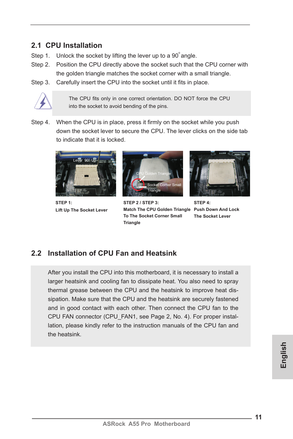 English 2.1 cpu installation, 2 installation of cpu fan and heatsink | ASRock A55 Pro User Manual | Page 11 / 76