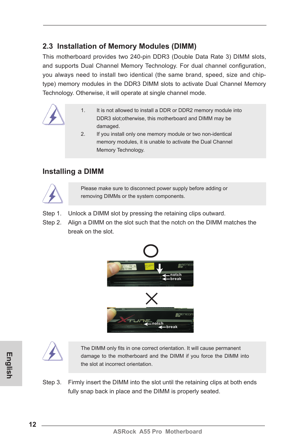 Installing a dimm | ASRock A55 Pro User Manual | Page 12 / 76