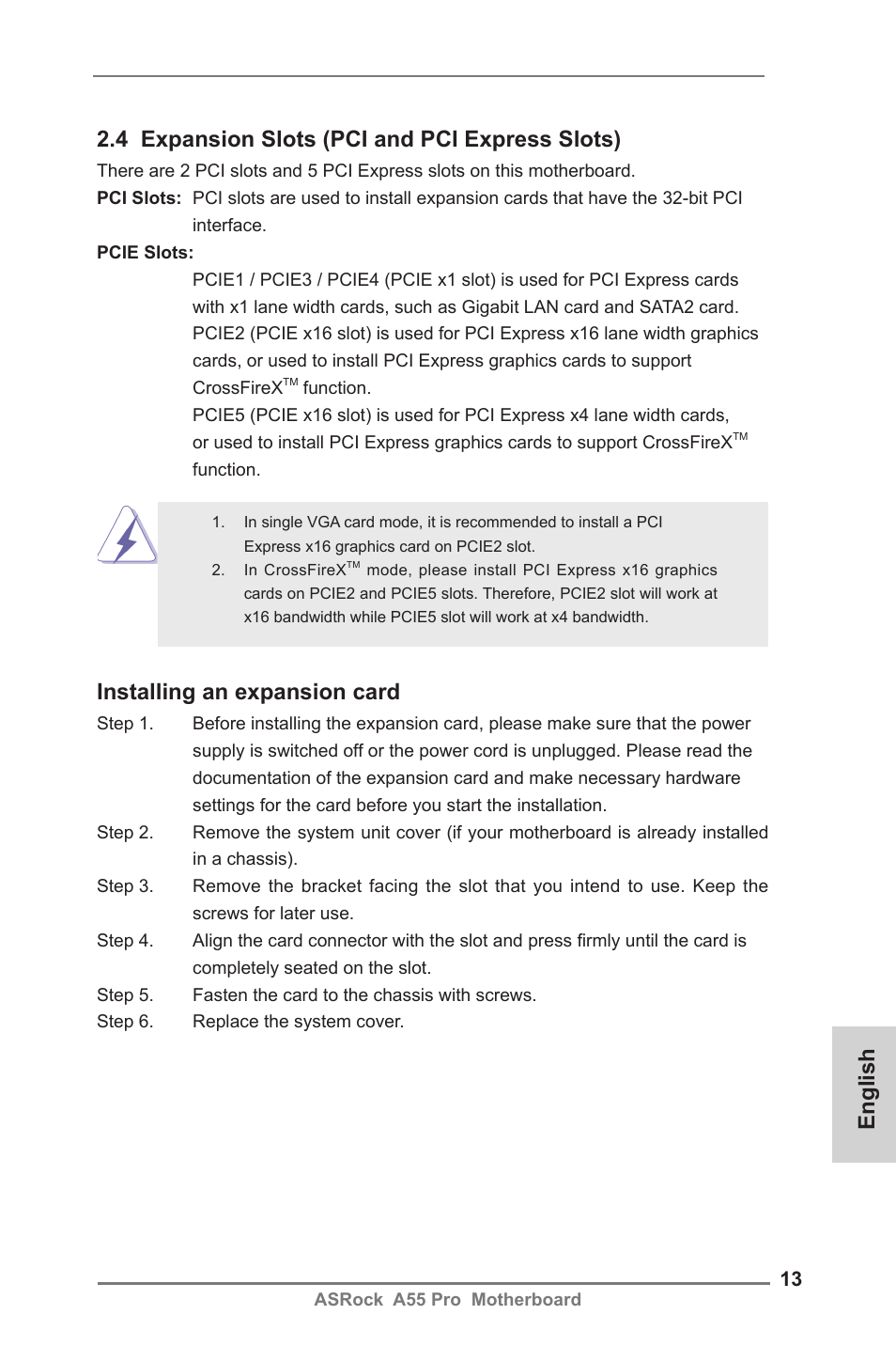 Installing an expansion card | ASRock A55 Pro User Manual | Page 13 / 76