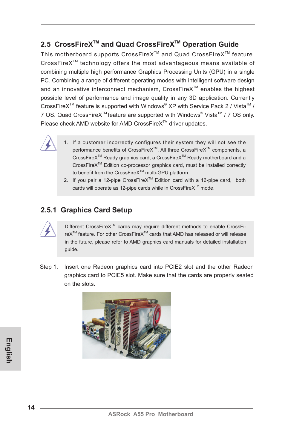 English 2.5 crossfirex, And quad crossfirex, Operation guide | 1 graphics card setup | ASRock A55 Pro User Manual | Page 14 / 76