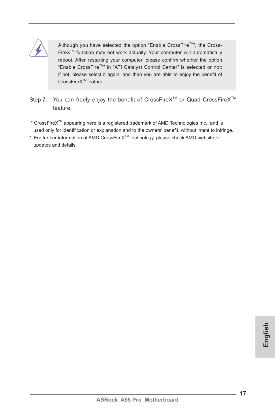English, Asrock a55 pro motherboard, Or quad crossfirex | Feature | ASRock A55 Pro User Manual | Page 17 / 76