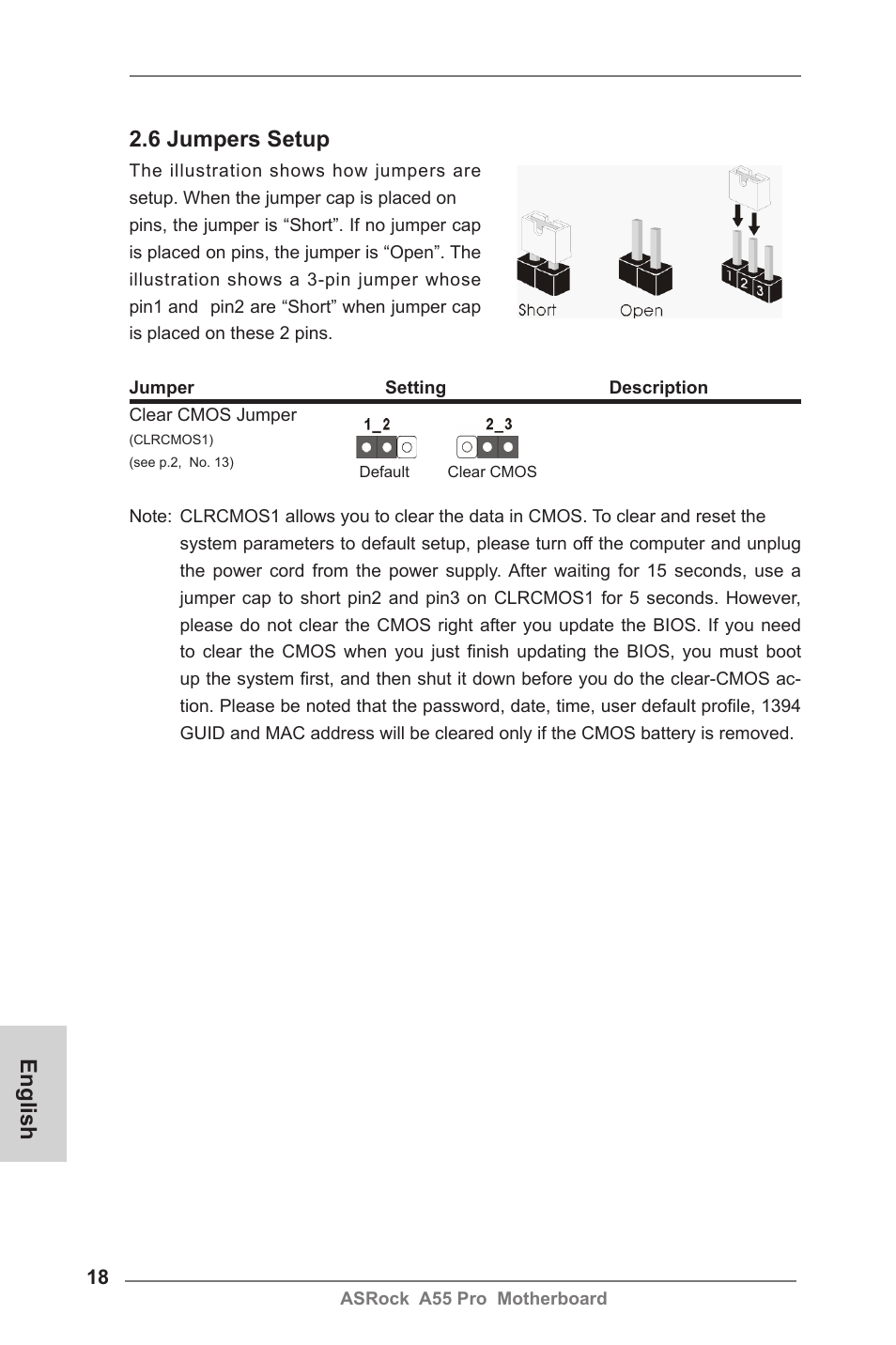 6 jumpers setup, English | ASRock A55 Pro User Manual | Page 18 / 76