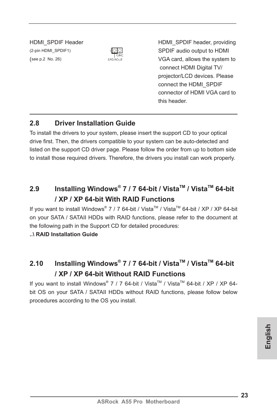 English, 8 driver installation guide, 9 installing windows | 7 / 7 64-bit / vista, Vista, Bit / xp / xp 64-bit with raid functions, 10 installing windows, Bit / xp / xp 64-bit without raid functions | ASRock A55 Pro User Manual | Page 23 / 76