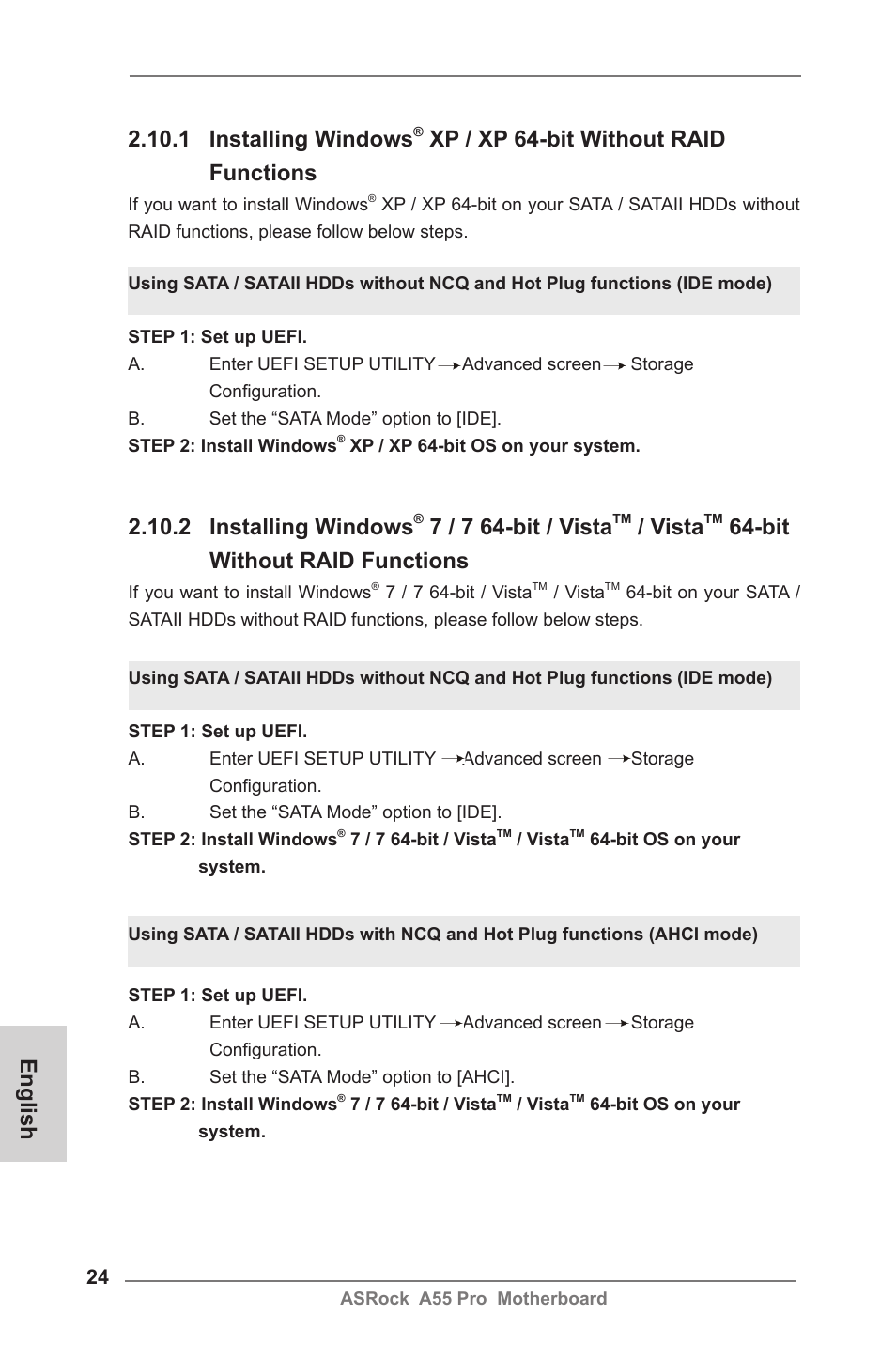 English, 1 installing windows, Xp / xp 64-bit without raid functions | 2 installing windows, 7 / 7 64-bit / vista, Vista, Bit without raid functions | ASRock A55 Pro User Manual | Page 24 / 76