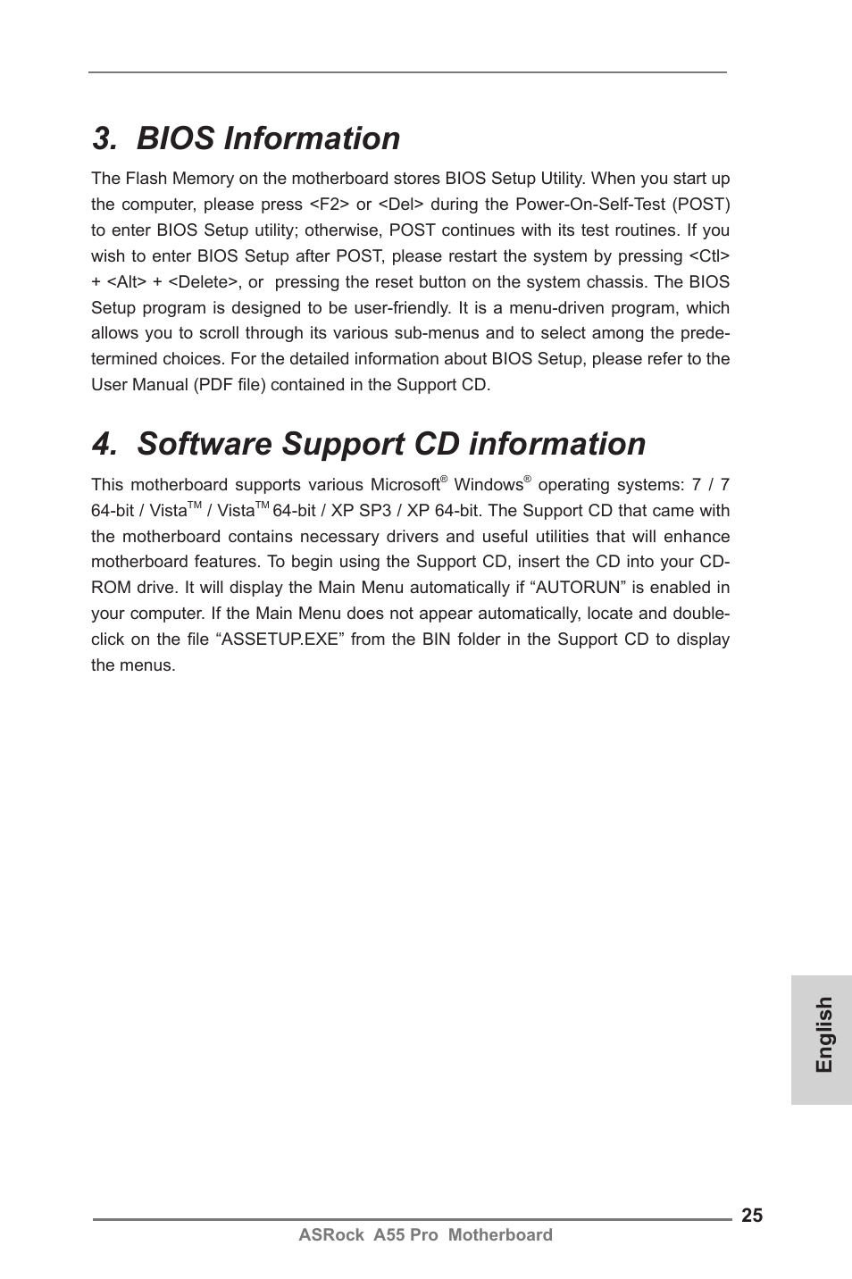 Bios information, Software support cd information, English | ASRock A55 Pro User Manual | Page 25 / 76