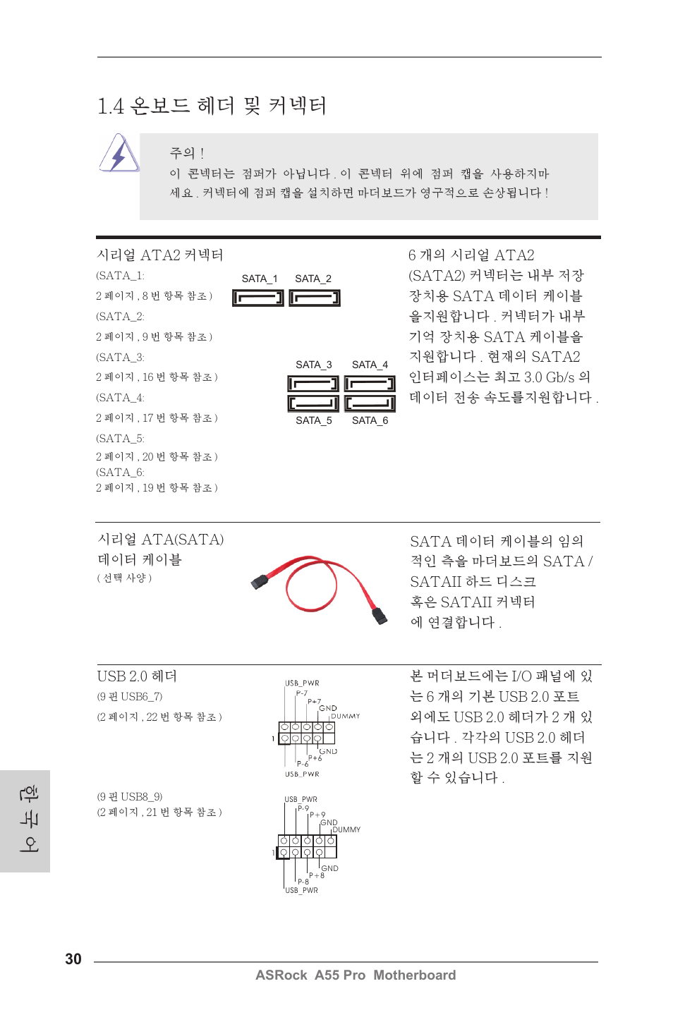4 온보드 헤더 및 커넥터, 한 국 어 | ASRock A55 Pro User Manual | Page 30 / 76