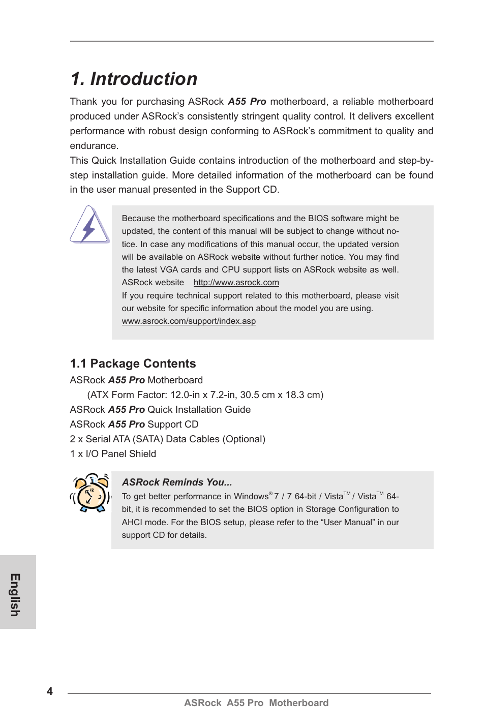 Introduction, English, 1 package contents | ASRock A55 Pro User Manual | Page 4 / 76