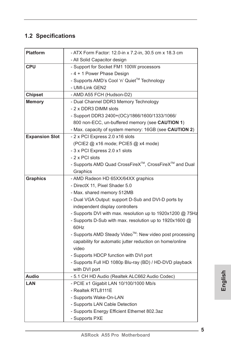 English 1.2 specifications | ASRock A55 Pro User Manual | Page 5 / 76