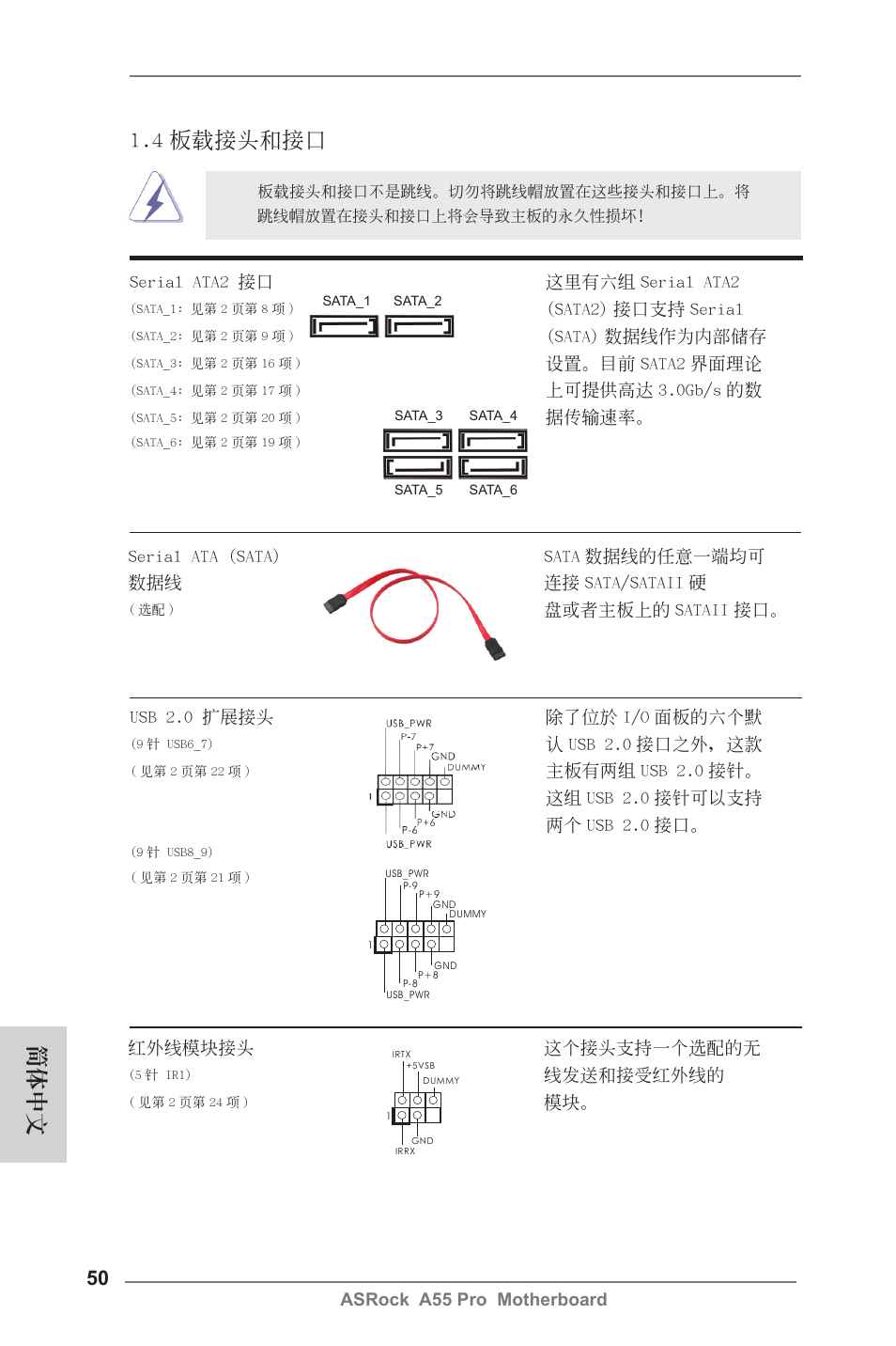 4 板載接頭和接口, 簡體中文 | ASRock A55 Pro User Manual | Page 50 / 76