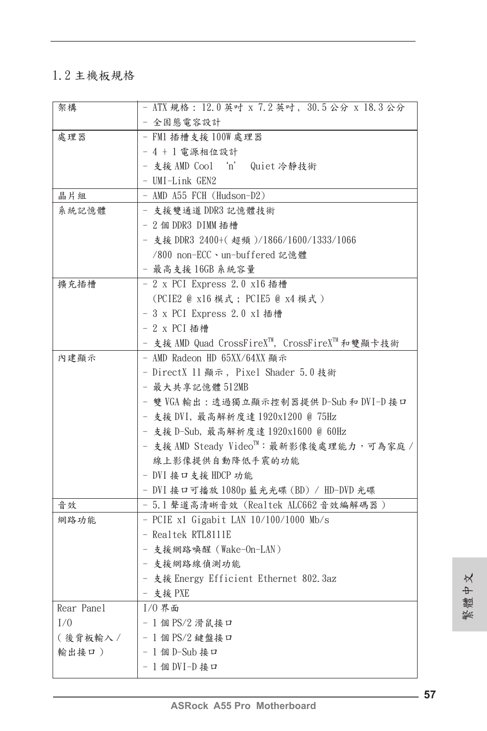 2 主機板規格, 繁體中文 | ASRock A55 Pro User Manual | Page 57 / 76
