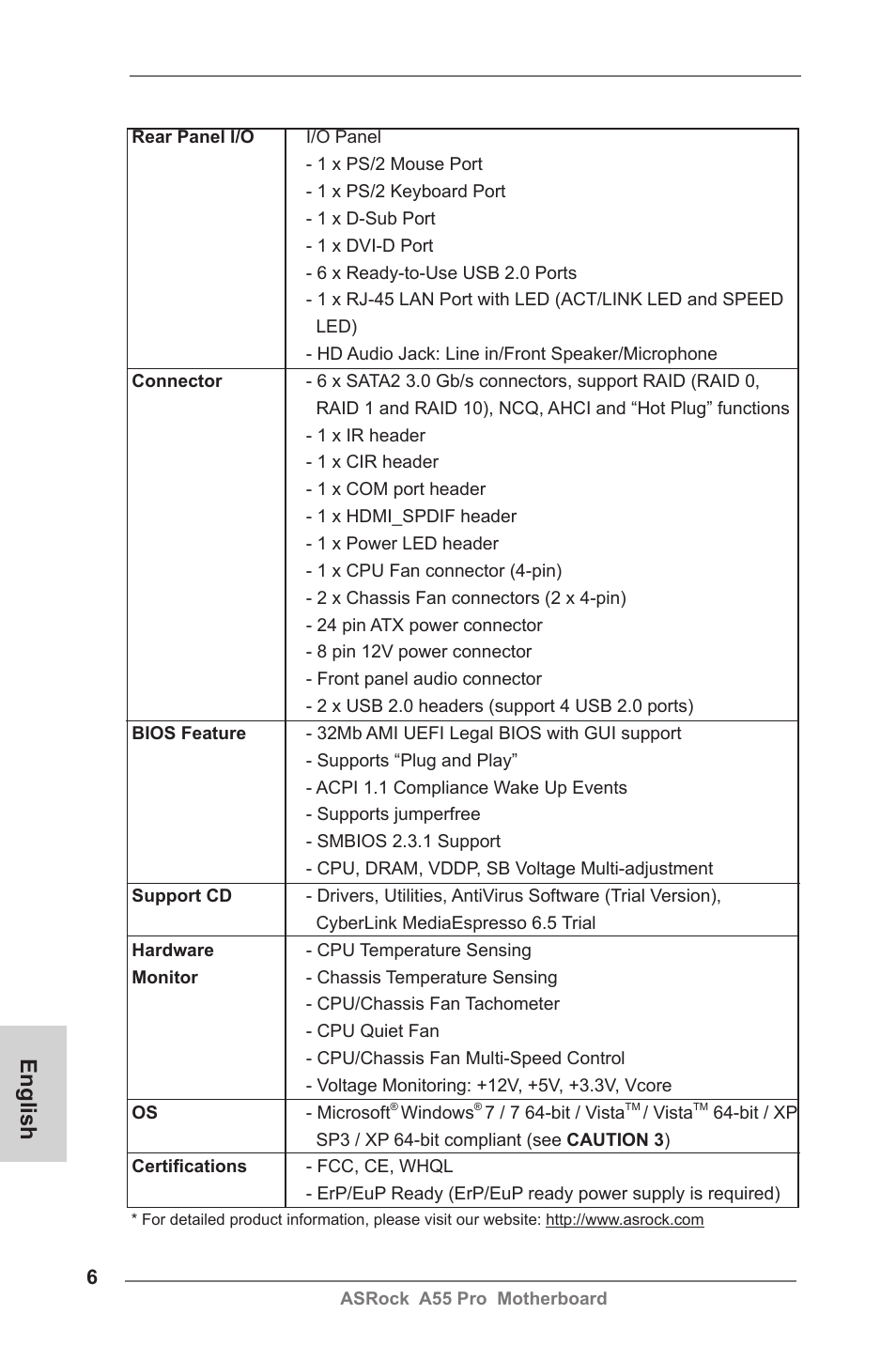 English | ASRock A55 Pro User Manual | Page 6 / 76