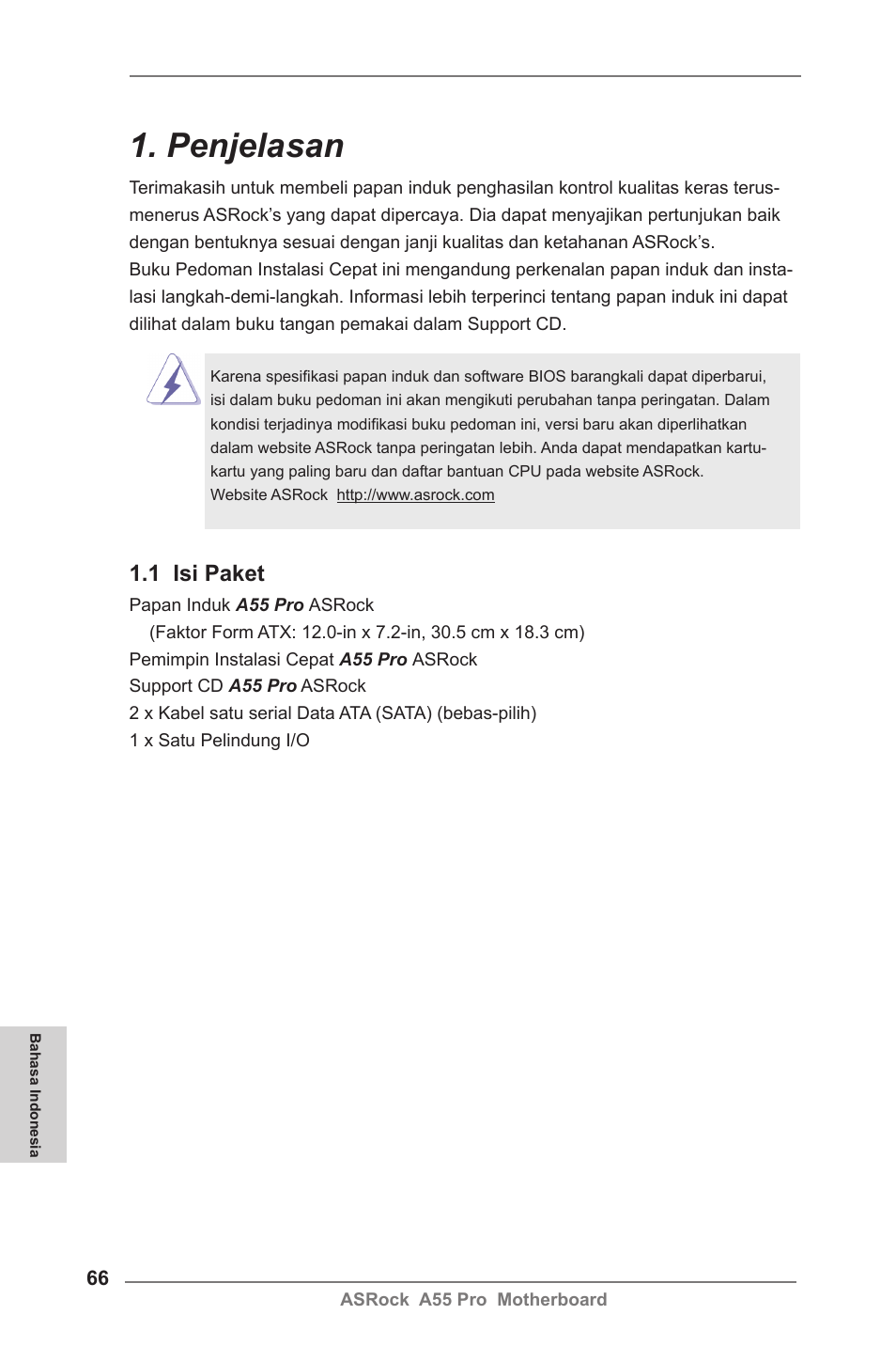 Indonesian, Penjelasan, 1 isi paket | ASRock A55 Pro User Manual | Page 66 / 76