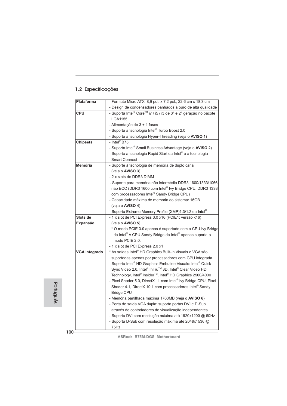 Po rtuguês 1.2 especificações | ASRock B75M-DGS User Manual | Page 100 / 185