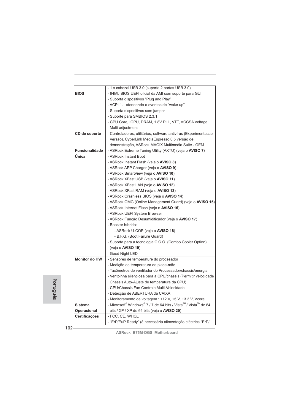Po rtuguês | ASRock B75M-DGS User Manual | Page 102 / 185