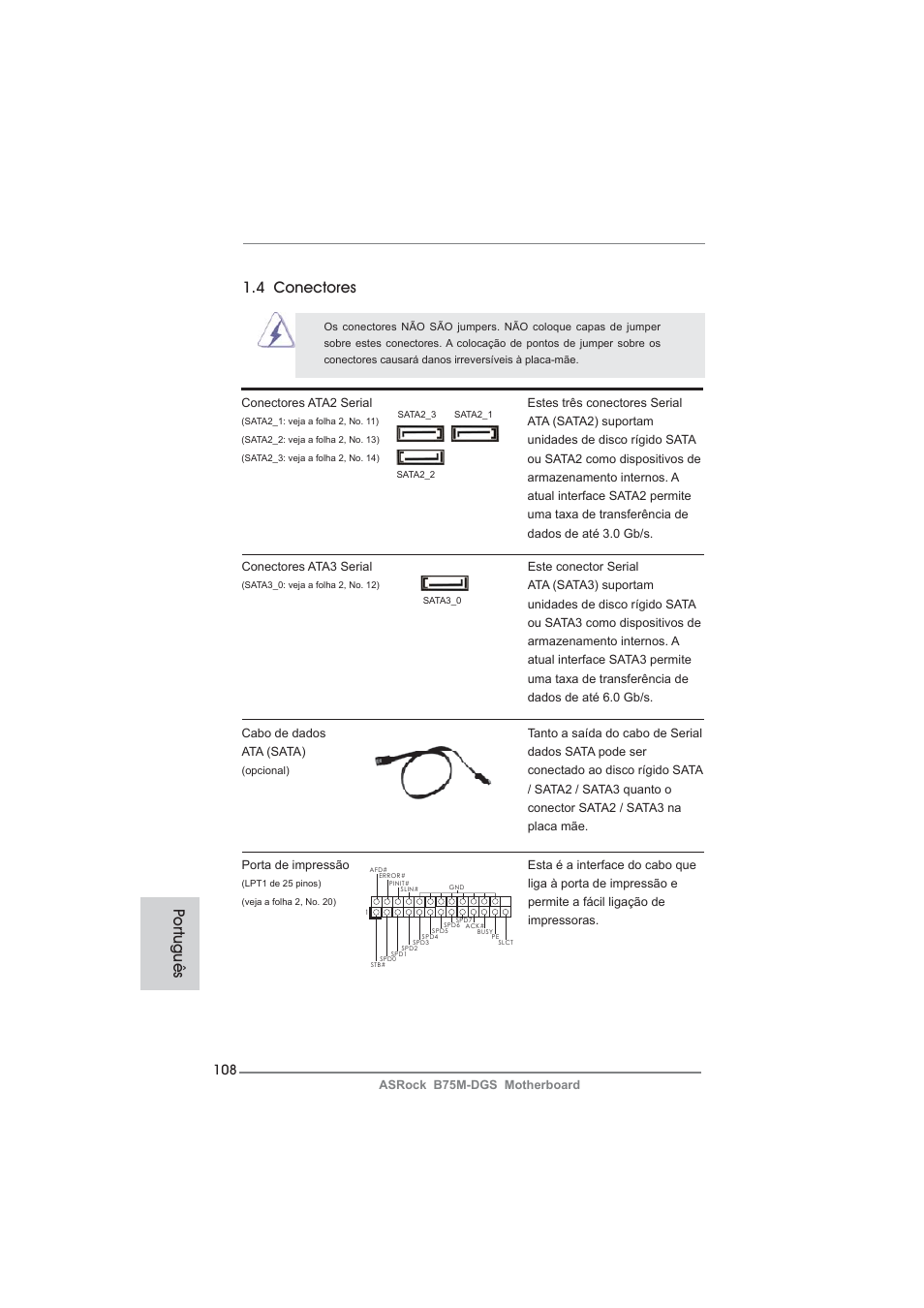 4 conectores, Po rtuguês | ASRock B75M-DGS User Manual | Page 108 / 185