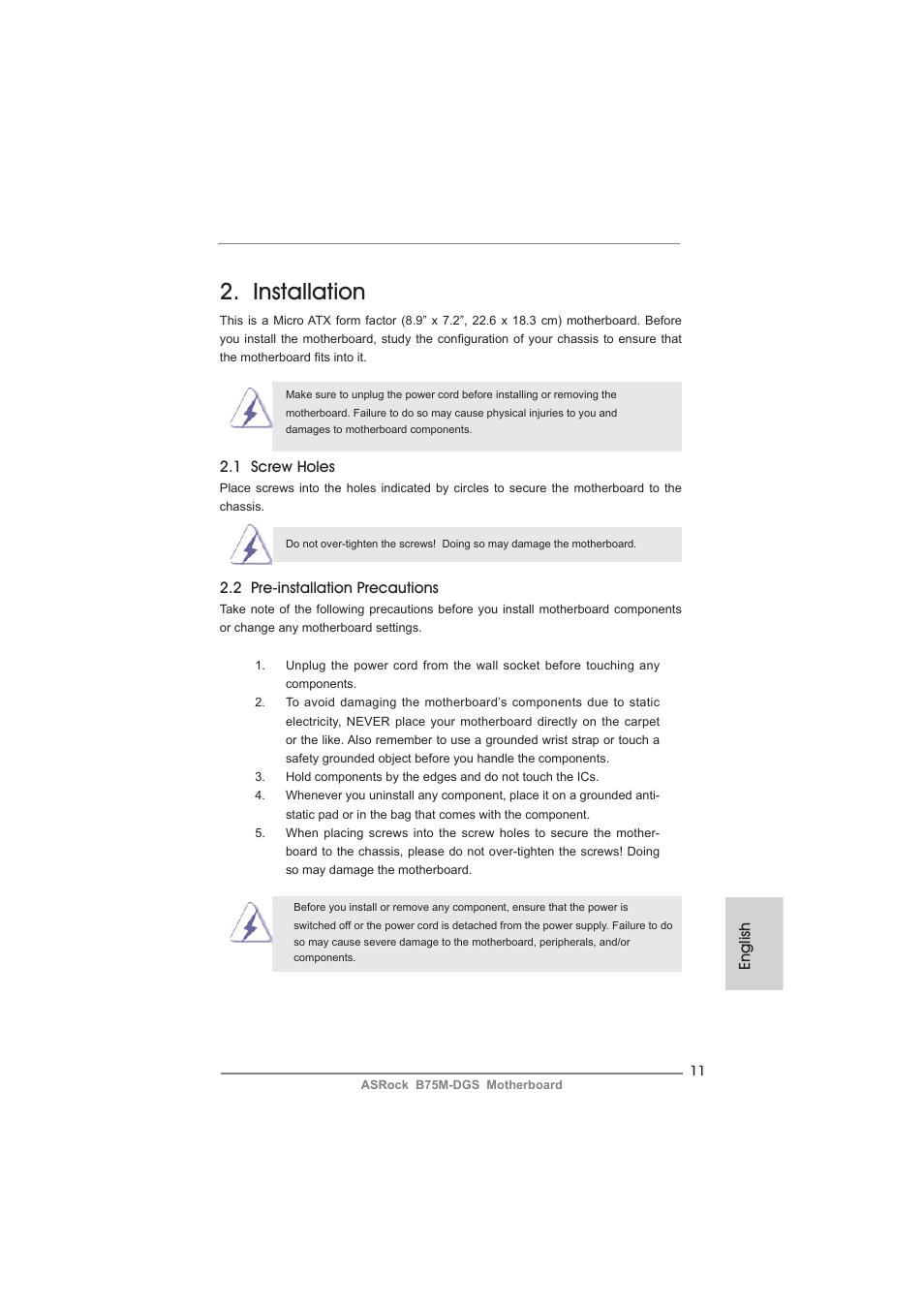 Installation, English, 1 screw holes | 2 pre-installation precautions | ASRock B75M-DGS User Manual | Page 11 / 185