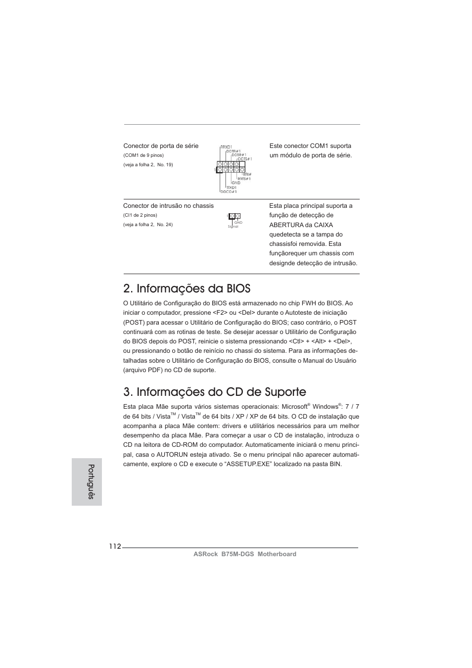 Informações da bios, Informações do cd de suporte, Po rtuguês | ASRock B75M-DGS User Manual | Page 112 / 185