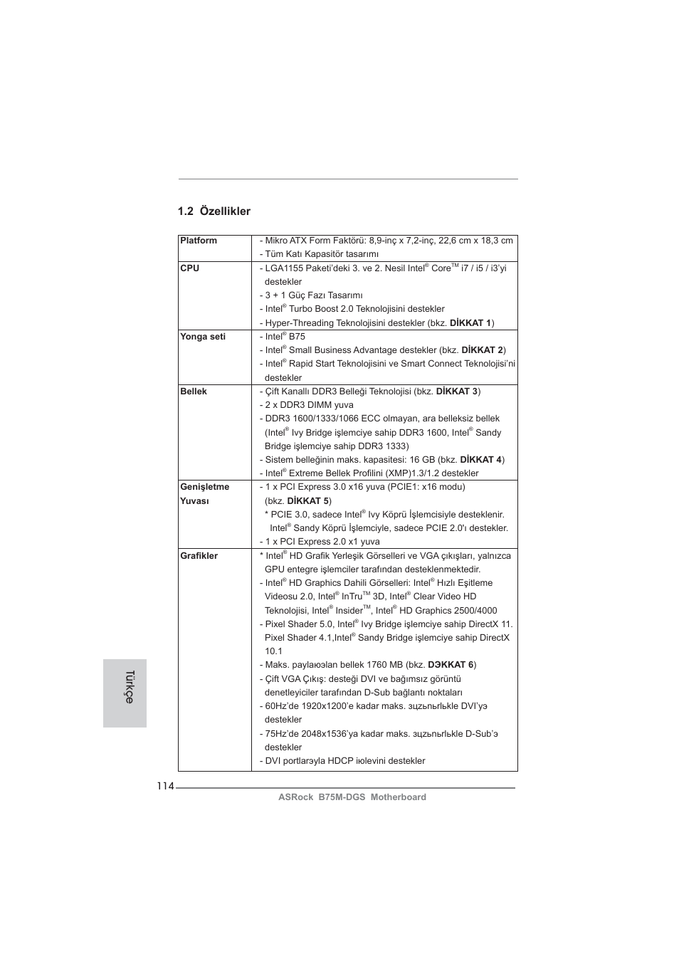Türkçe 1.2 özellikler | ASRock B75M-DGS User Manual | Page 114 / 185