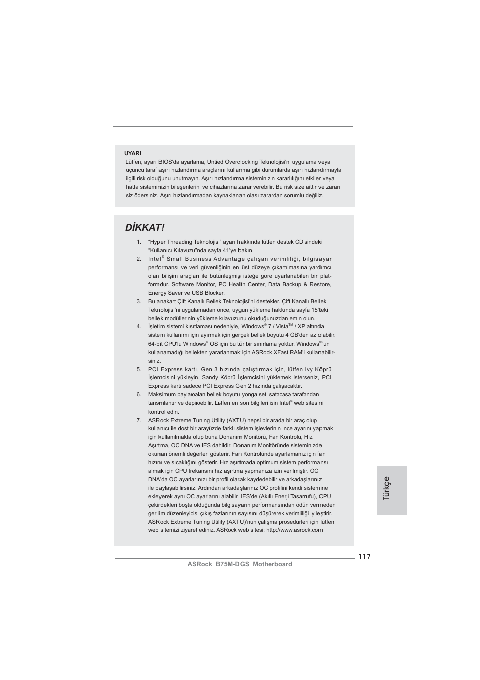 Dikkat, Türkçe | ASRock B75M-DGS User Manual | Page 117 / 185
