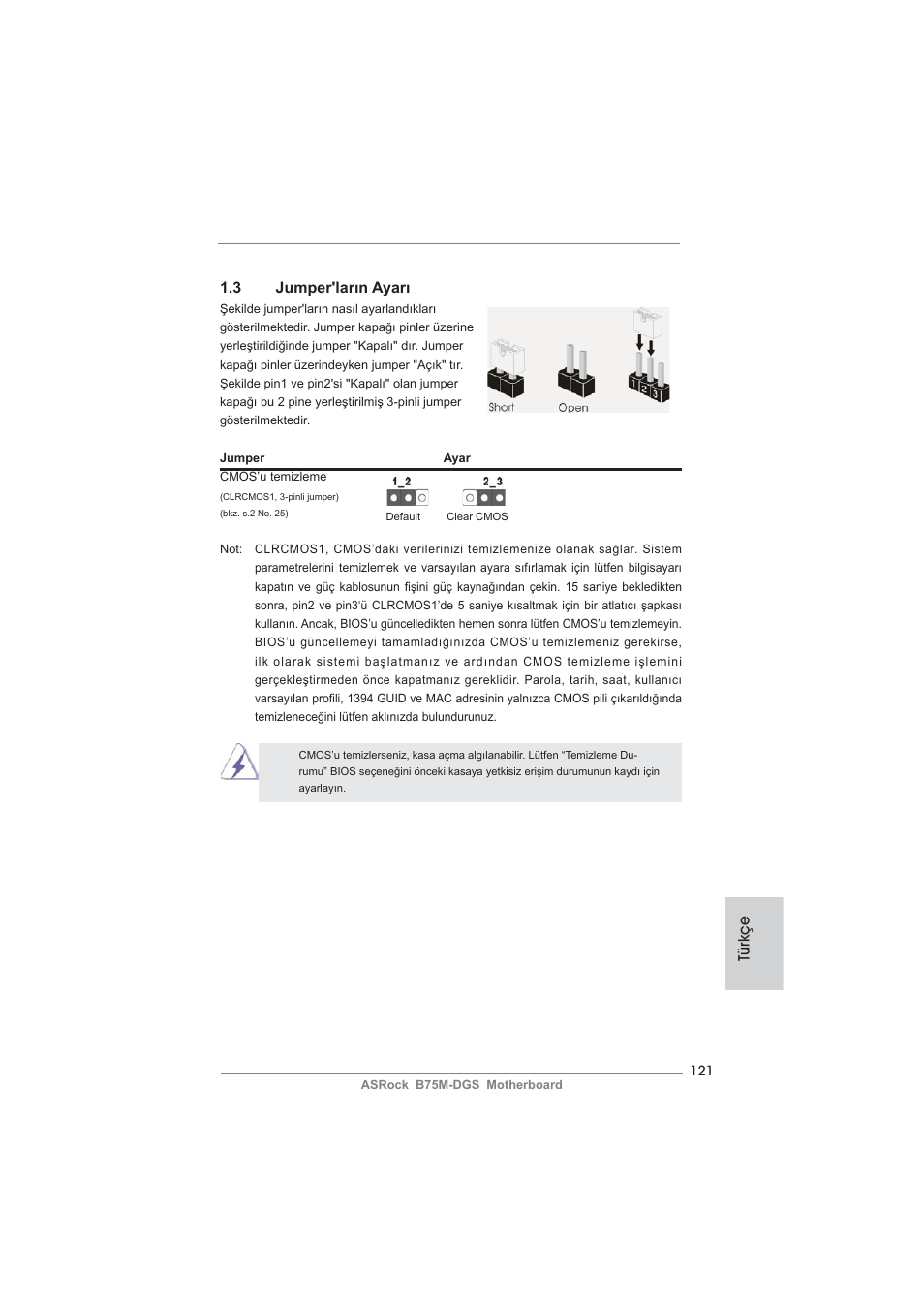 Türkçe 1.3 jumper'ların ayarı | ASRock B75M-DGS User Manual | Page 121 / 185