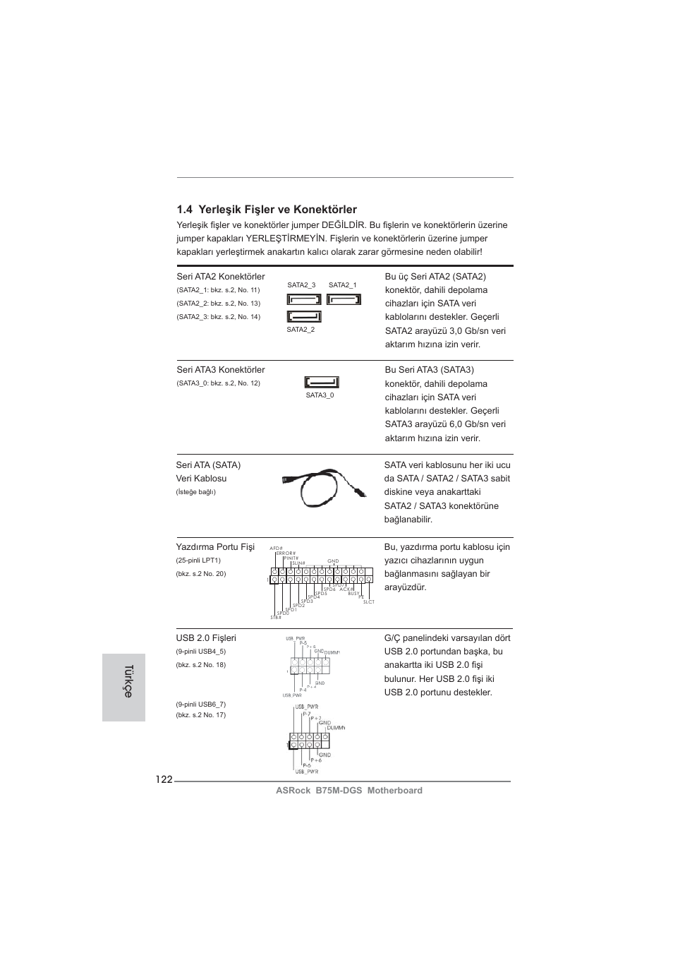 Türkçe 1.4 yerleşik fişler ve konektörler | ASRock B75M-DGS User Manual | Page 122 / 185