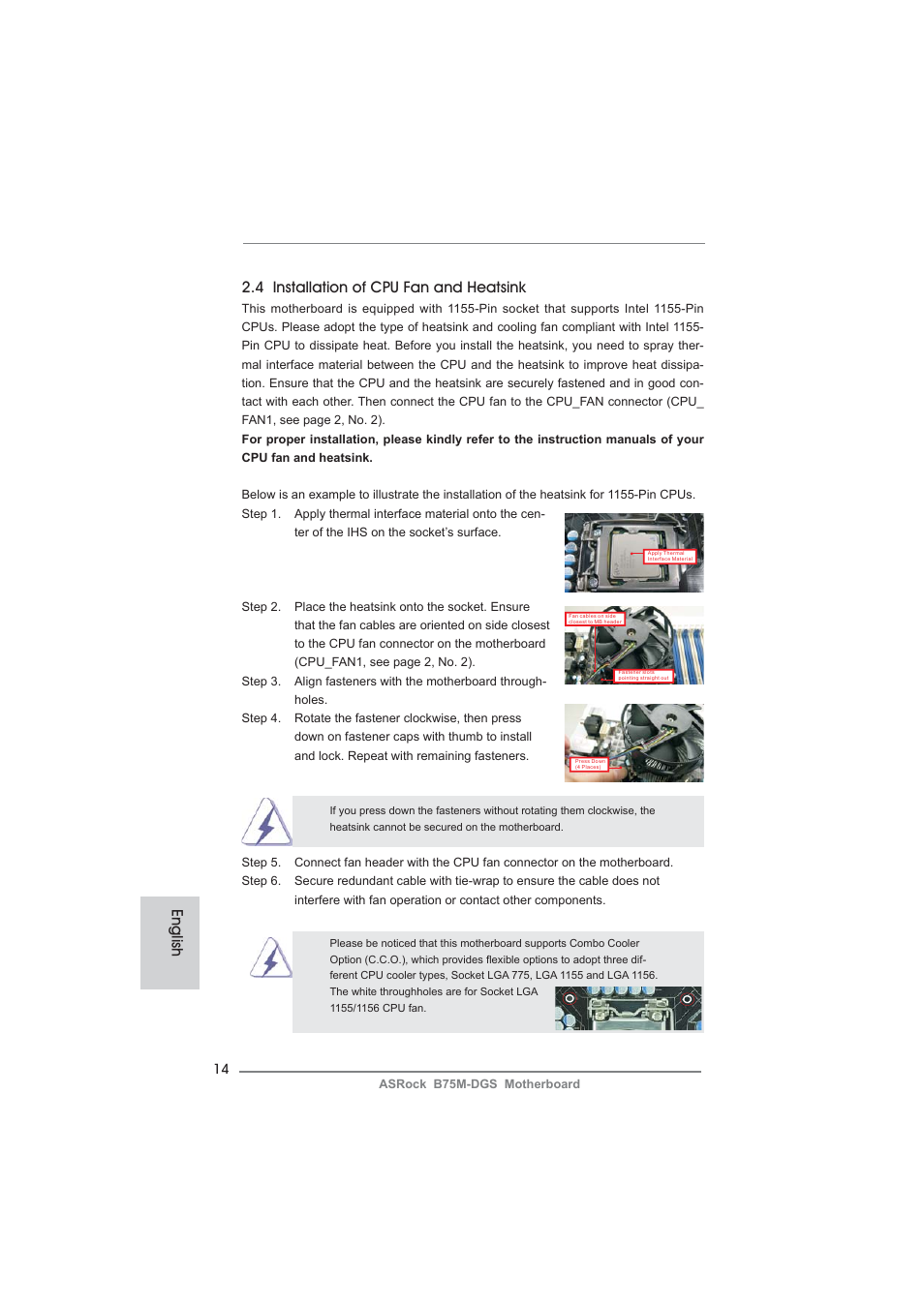 English 2.4 installation of cpu fan and heatsink | ASRock B75M-DGS User Manual | Page 14 / 185