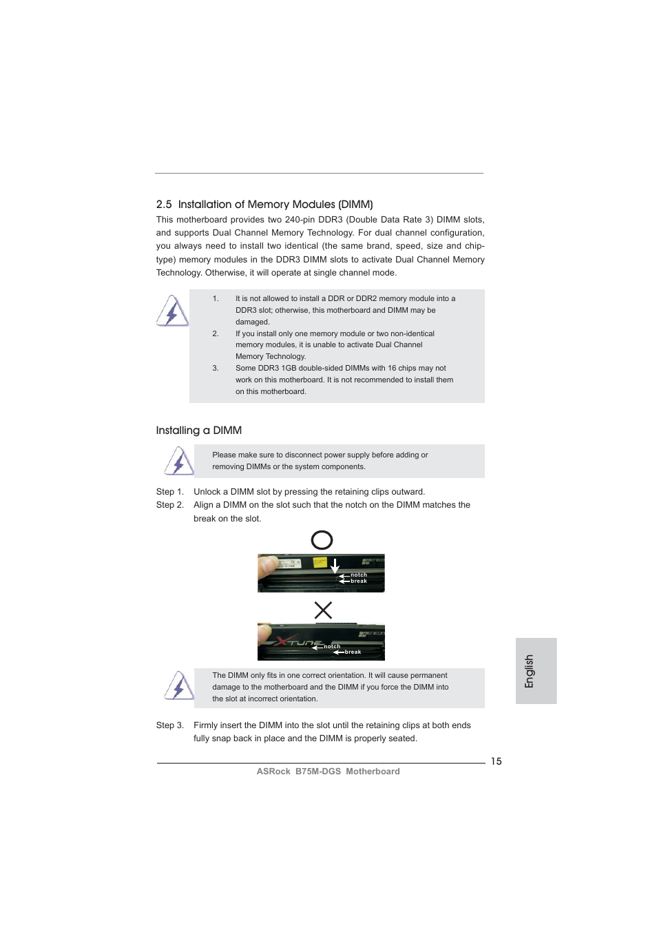 Installing a dimm | ASRock B75M-DGS User Manual | Page 15 / 185
