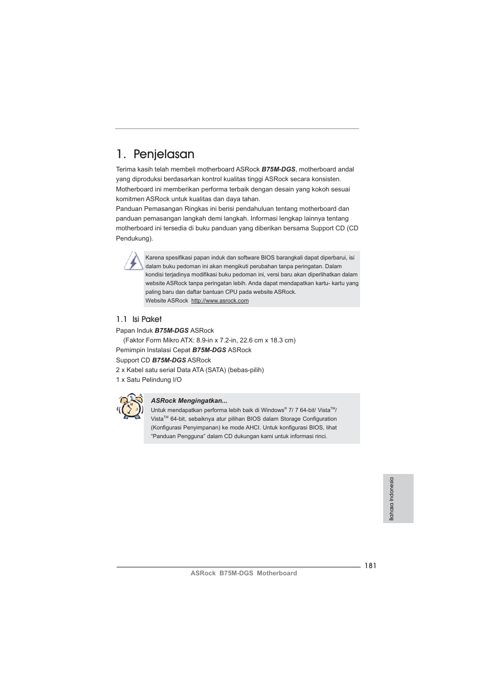 Indonesian, Penjelasan, 1 isi paket | ASRock B75M-DGS User Manual | Page 181 / 185