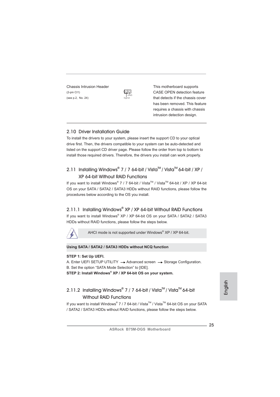 English 2.10 driver installation guide, 11 installing windows, 7 / 7 64-bit / vista | Vista, Bit / xp / xp 64-bit without raid functions, 1 installing windows, Xp / xp 64-bit without raid functions, 2 installing windows, Bit without raid functions | ASRock B75M-DGS User Manual | Page 25 / 185