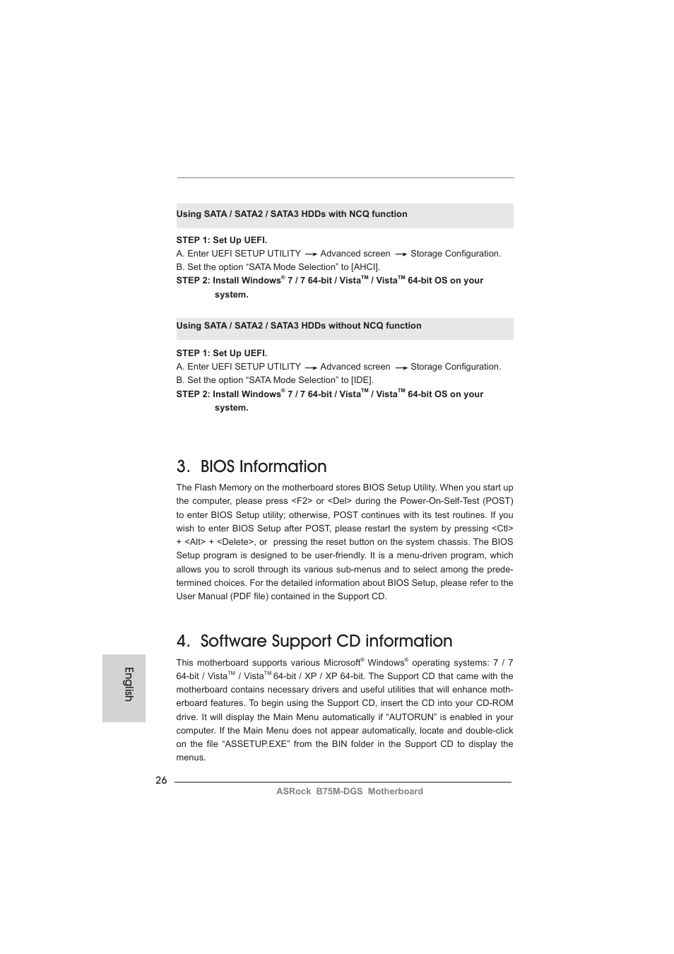 Bios information, Software support cd information, English | ASRock B75M-DGS User Manual | Page 26 / 185