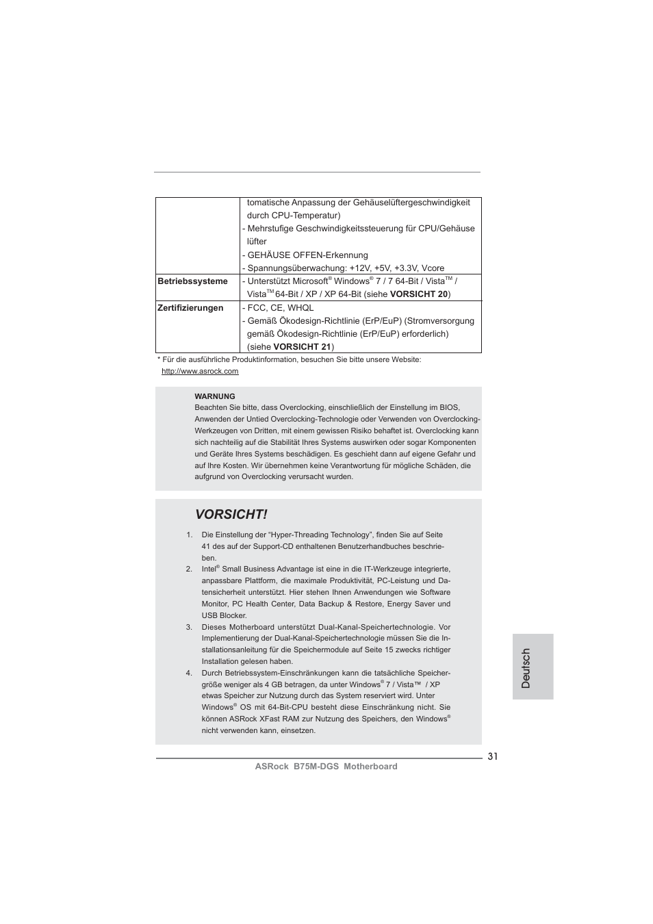 Vorsicht, Deutsch | ASRock B75M-DGS User Manual | Page 31 / 185