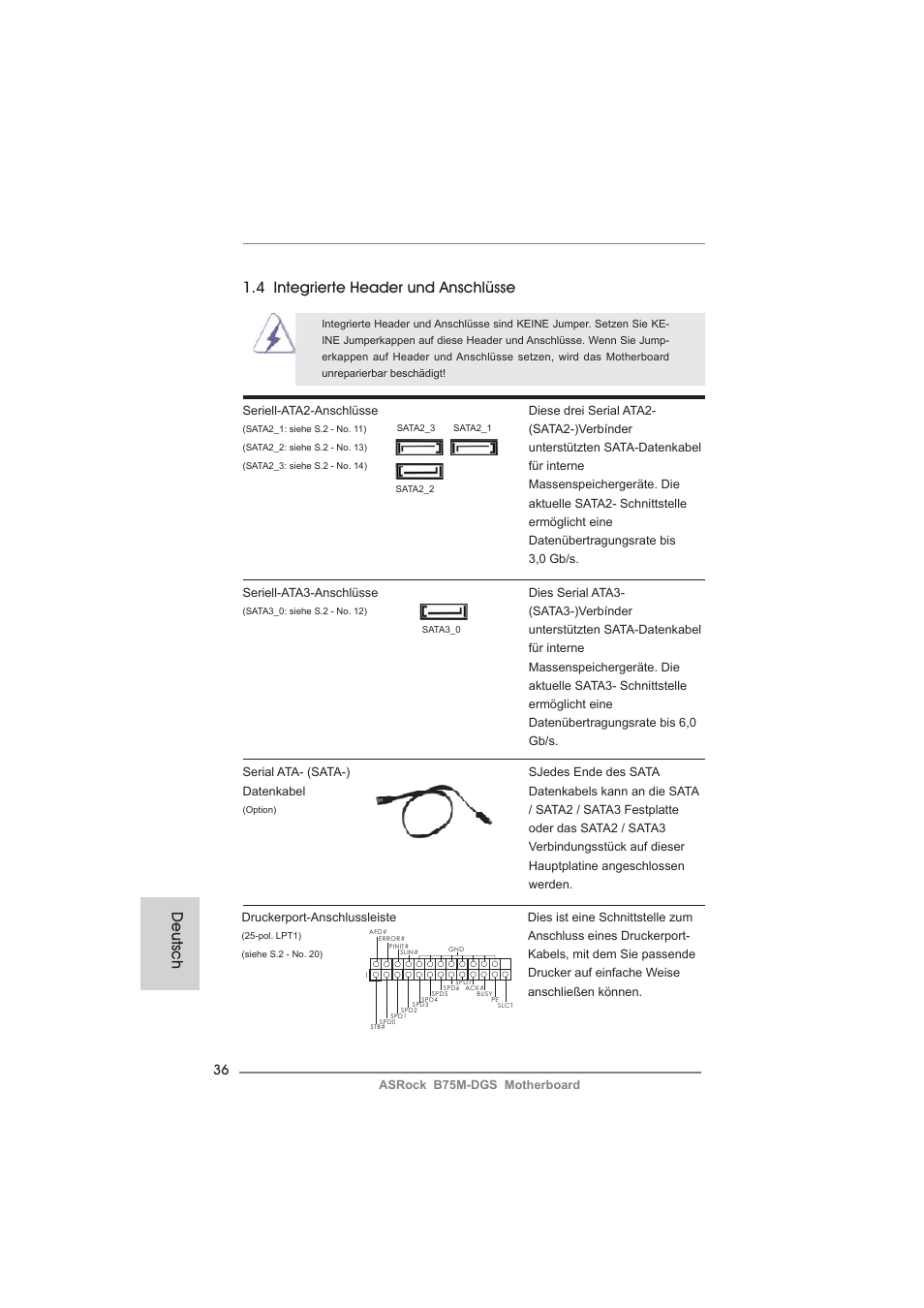 Deutsch, 4 integrierte header und anschlüsse | ASRock B75M-DGS User Manual | Page 36 / 185