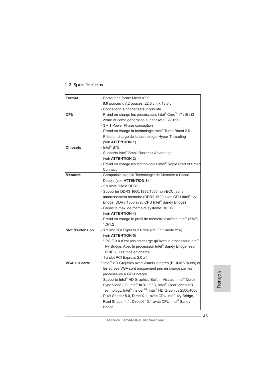 Français 1.2 spécifications | ASRock B75M-DGS User Manual | Page 43 / 185