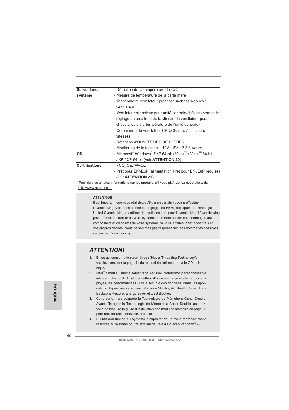 Attention, Français | ASRock B75M-DGS User Manual | Page 46 / 185
